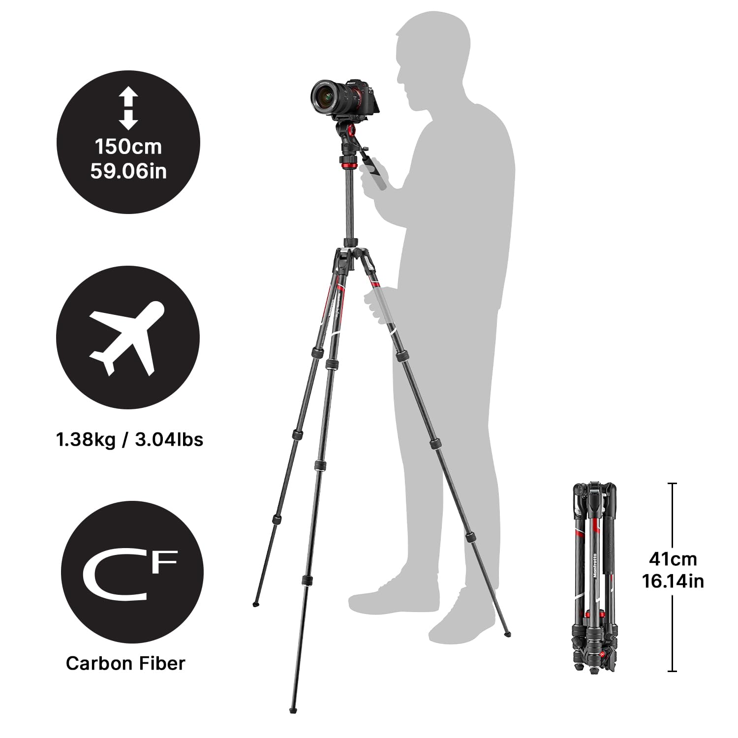 Manfrotto Befree Live 4-Section Carbon Fiber Video Tripod with Fluid Head - Lightweight Travel Tripod for DSLR Cameras, Mirrorless Cameras & Video Shooting - Perfect for Vlogging, Live Streaming & Outdoor Photography (Black/Silver)