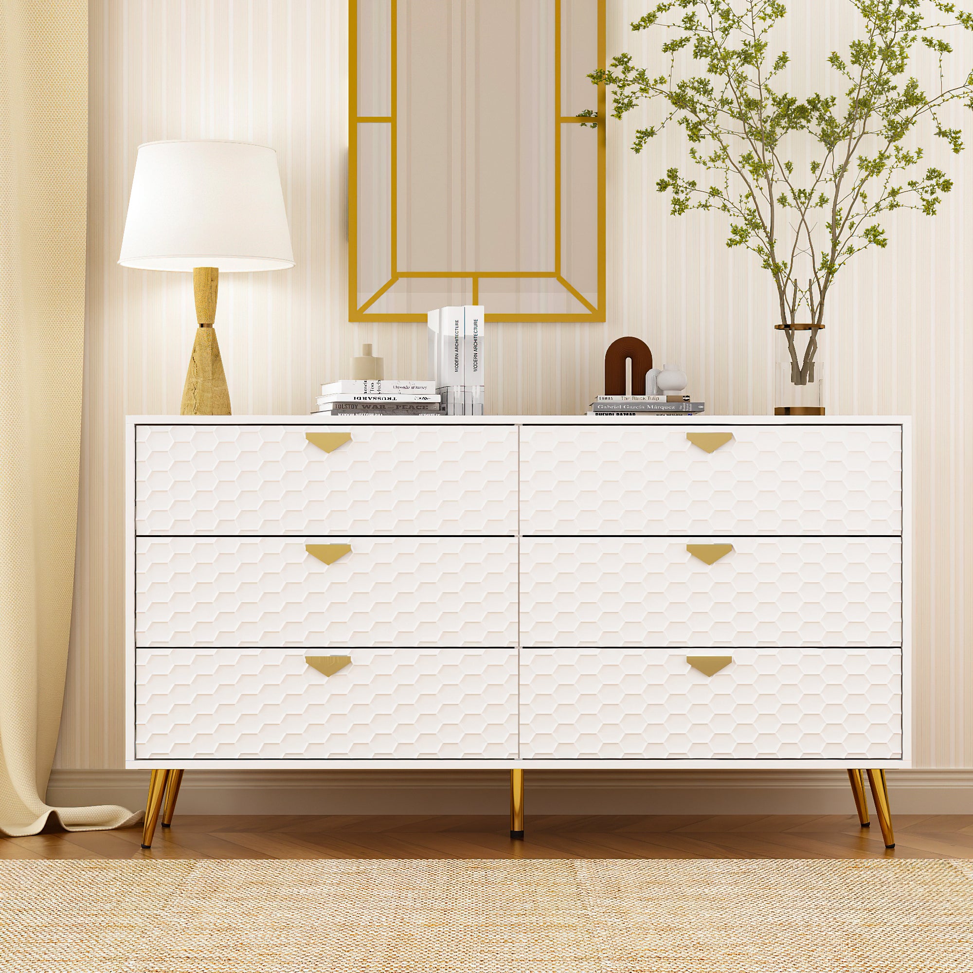 6-Drawer Double Dresser with Wide Storage Drawers & Metal Handles - Solid Wood Bedroom Cabinet for Clothes Organization | Perfect for Master Bedroom, Guest Room & Dormitory Storage