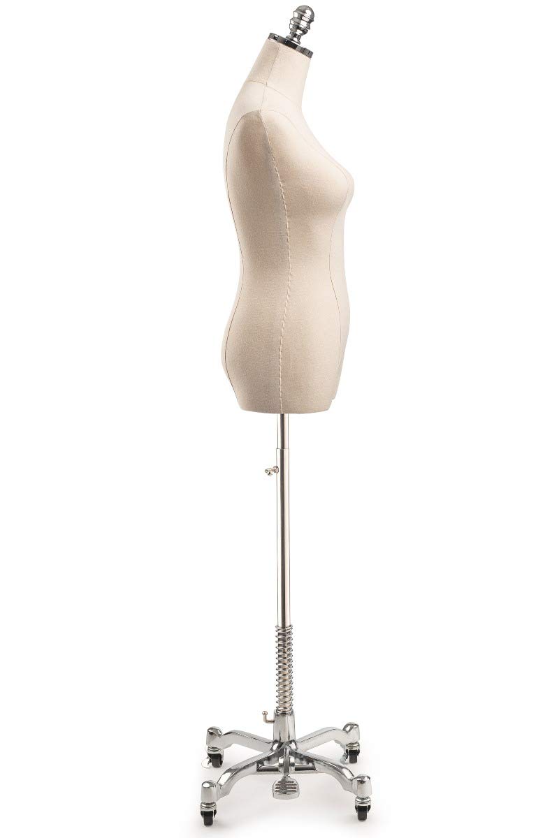 TSC Medium Chrome Female Dress Form Mannequin - Adjustable Natural Canvas Display on Rolling Metal Base for Fashion Design, Tailoring & Boutique Displays