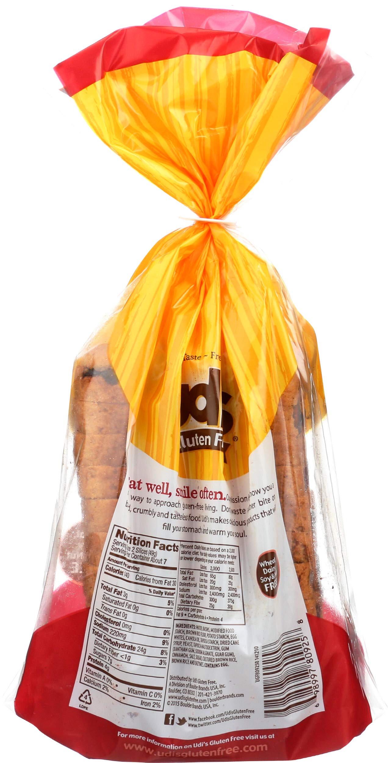 Udi's Gluten Free Cinnamon Raisin Bread - 12.1 Ounce (Pack of 1) | Soft & Delicious Gluten-Free Sandwich Bread for Breakfast, Snacks & French Toast | Certified Gluten-Free & Non-GMO