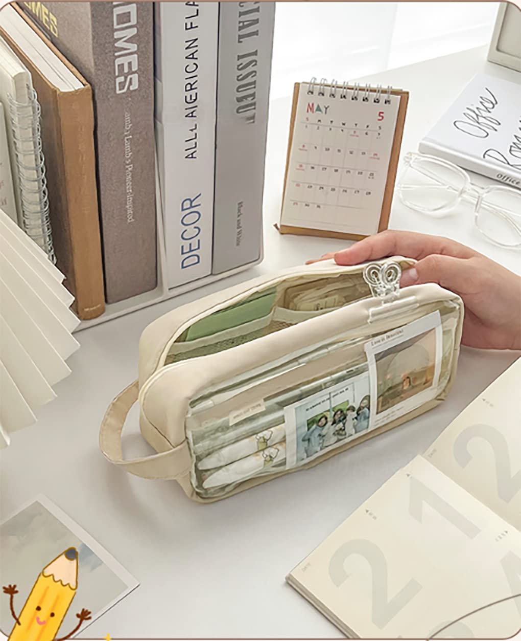 **Kawaii Aesthetic Clear Pencil Case for School - Cute Transparent Pencil Pouch for Teen Girls & Students - Perfect for Organizing Pens, Markers & Art Supplies (Cream)**    *(Ideal for School, College, Office & Travel - Stylish & Functional Stationery Accessory)*