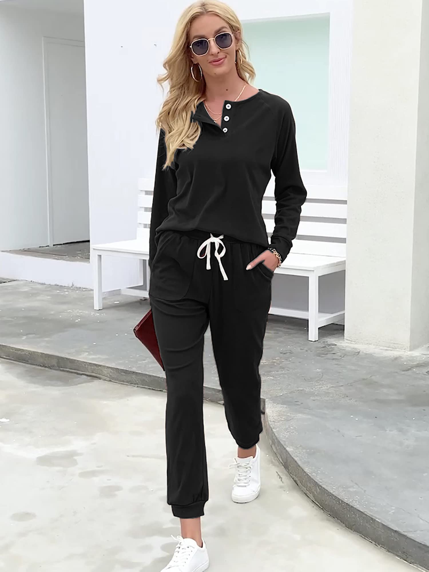 WIHOLL Women's 2-Piece Lounge Set - Button Down Sweatshirt & Sweatpants Outfit with Pockets | Cozy Loungewear for Home, Travel & Casual Wear
