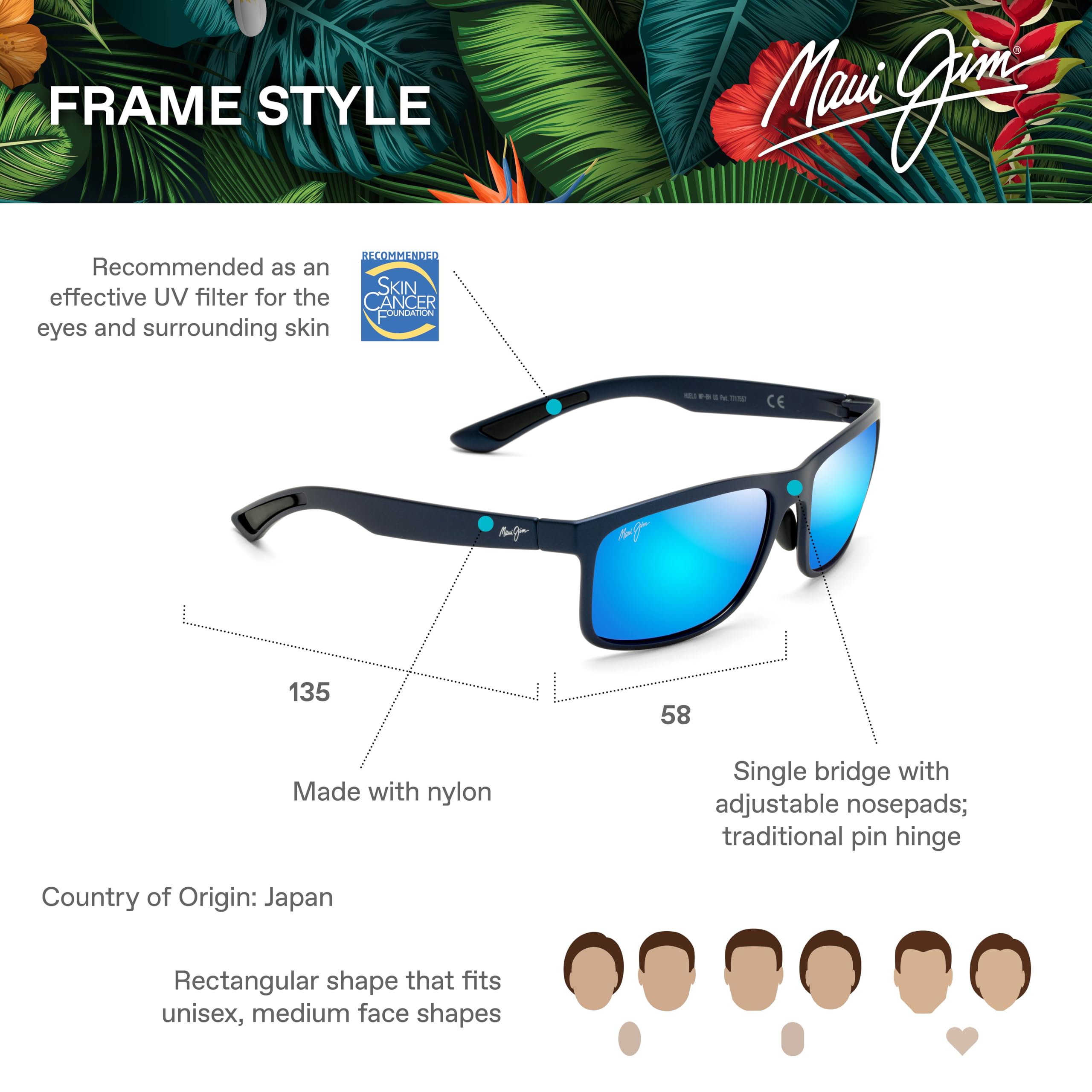 Maui Jim Men's Huelo Rectangular Polarized Sunglasses UV Protection - Lightweight & Stylish for Driving, Beach & Outdoor Activities
