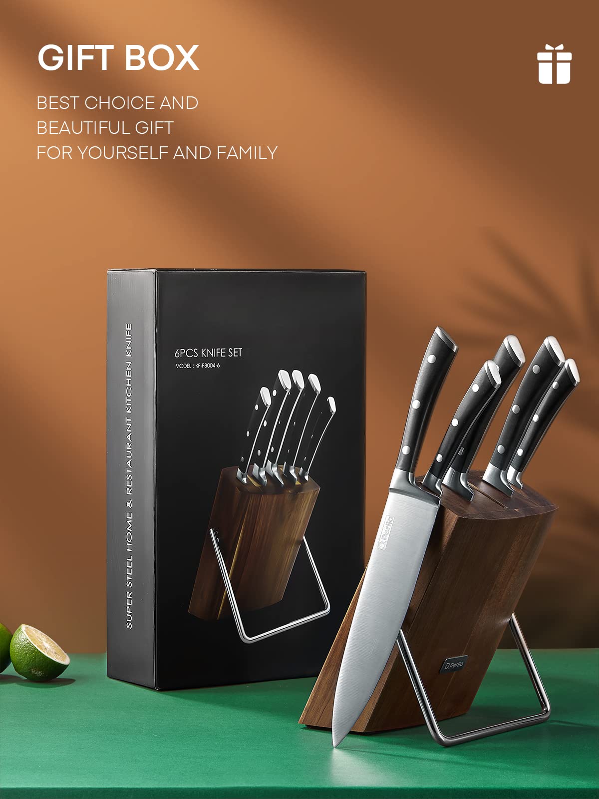D.Perlla 6-Piece German Stainless Steel Kitchen Knife Set with Wooden Block - Razor Sharp Chef Knives for Slicing, Dicing & Food Prep - Perfect for Home Cooking & Professional Kitchens