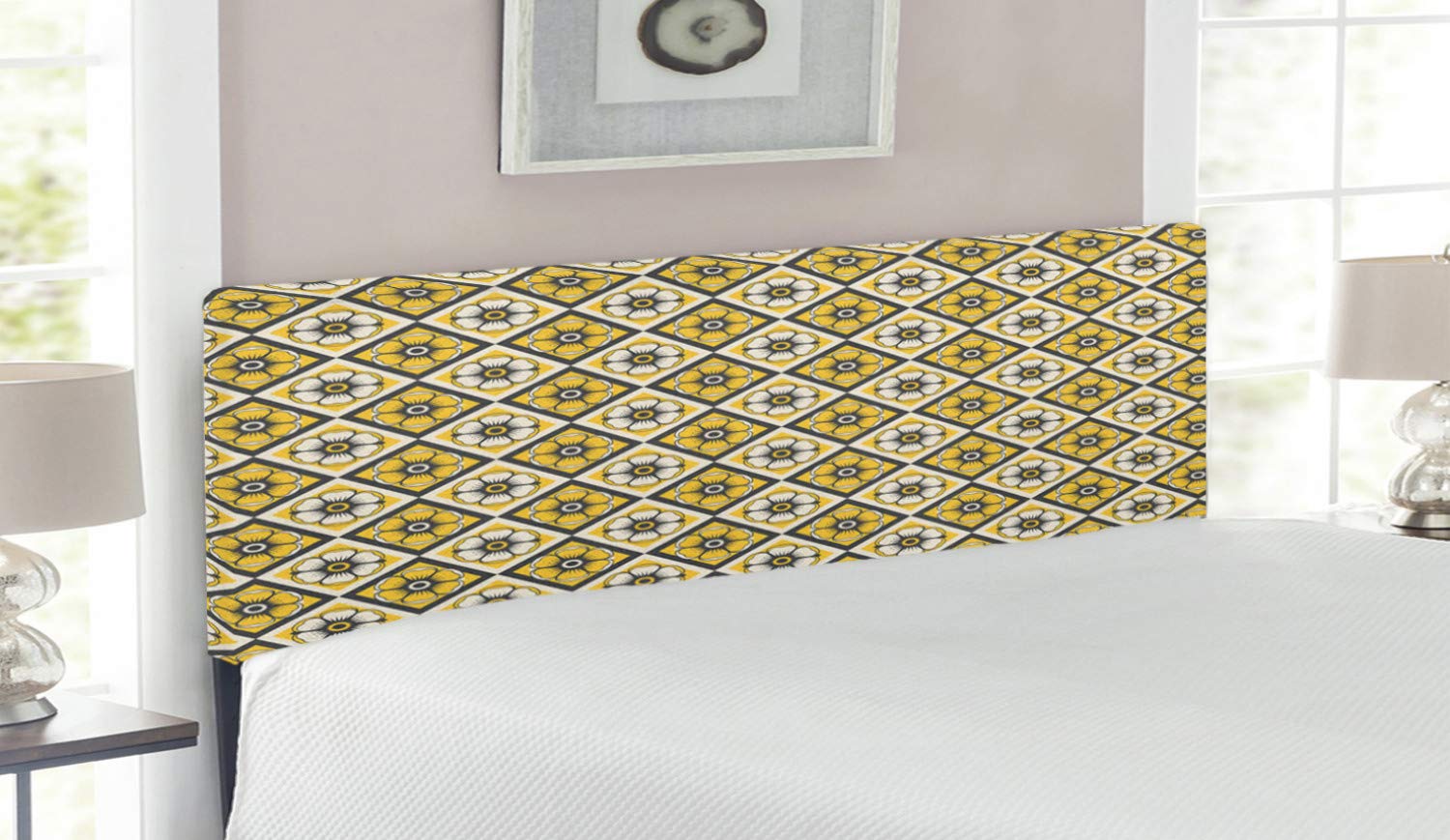 Ambesonne Grey and Yellow Upholstered Headboard - Queen Size Memory Foam Bed Headboard with Floral Tile Design | Perfect for Modern Bedroom Decor & Guest Room Upgrade