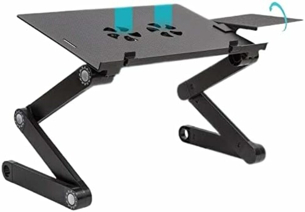 WonderWorker Einstein Adjustable Laptop Desk with 2 USB Cooling Fans - Foldable Lap Table with Mouse Pad, Portable Laptop Stand for Bed & Couch Use - Ergonomic Computer Tray for Home Office, Gaming & Studying (Black)