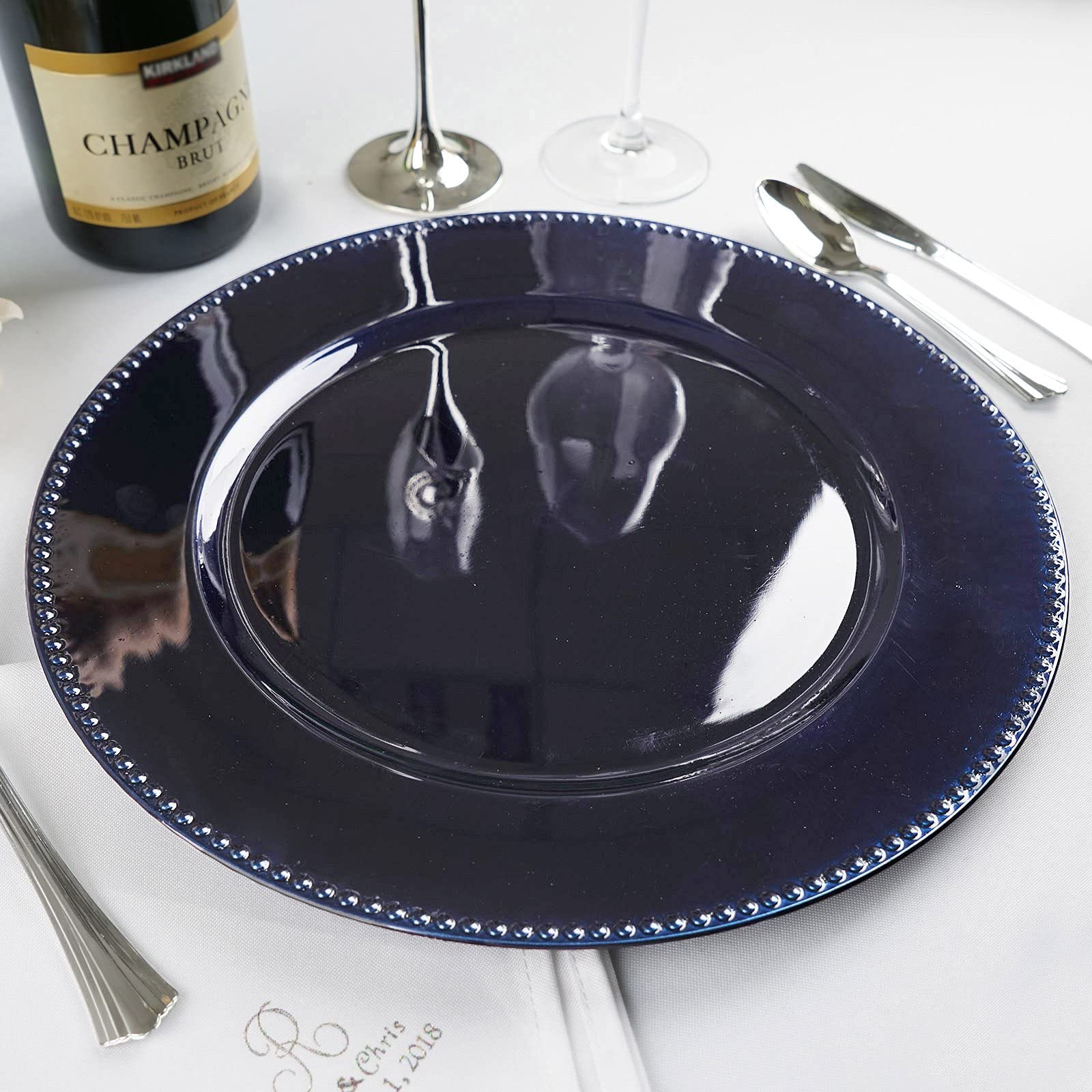 Navy Blue Plastic Beaded Charger Plates - Set of 6, 13 Inch Round Decorative Chargers for Weddings, Parties & Formal Dining - Elegant Metallic Finish Dinner Plate Enhancers for Table Settings & Special Occasions