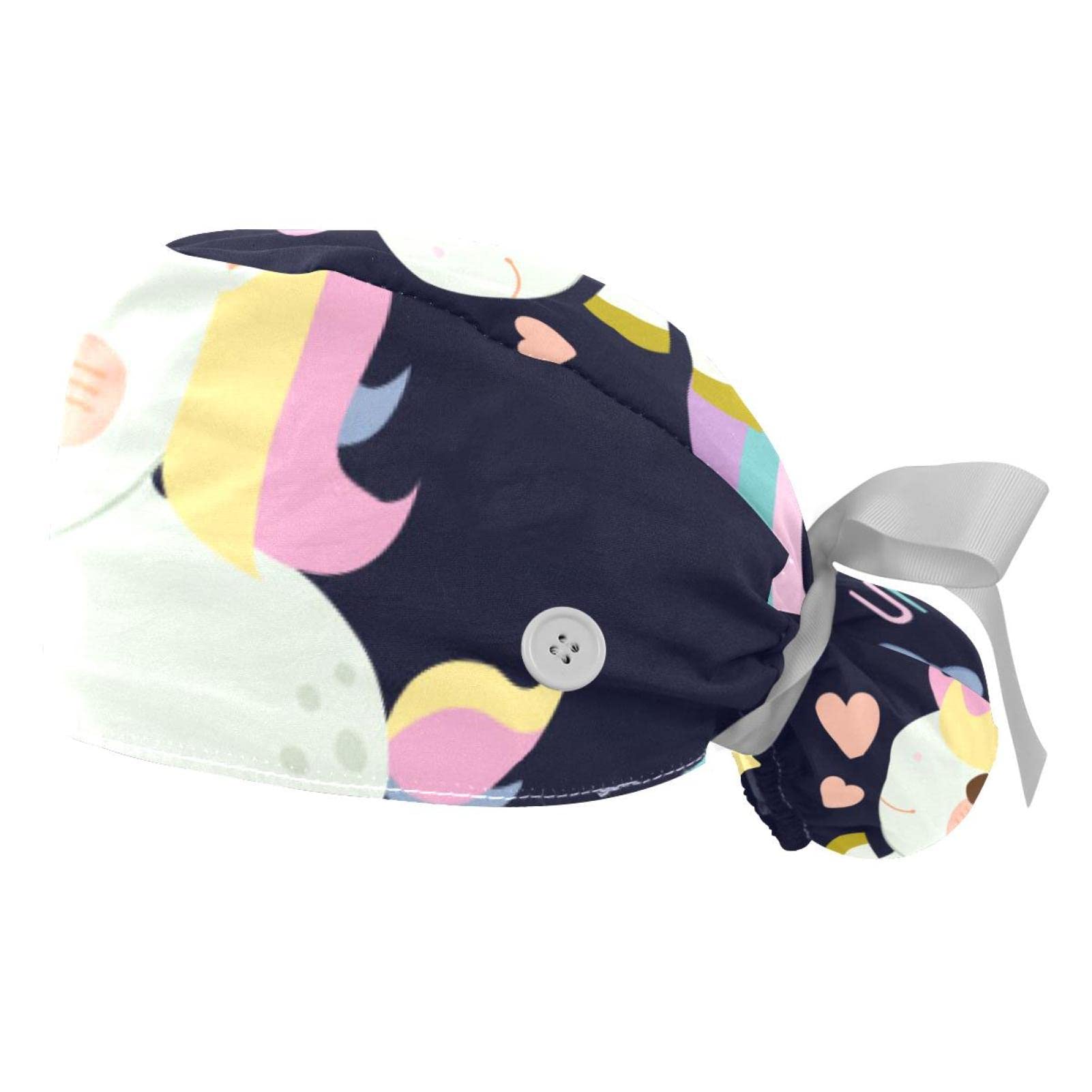 2 Pack Women's Work Caps with Adjustable Ribbon Tie - Cute Unicorn & Rainbow Print Hair Cover for Nurses, Chefs & Long Hair Protection - Perfect for Hospitals, Kitchens & Outdoor Activities