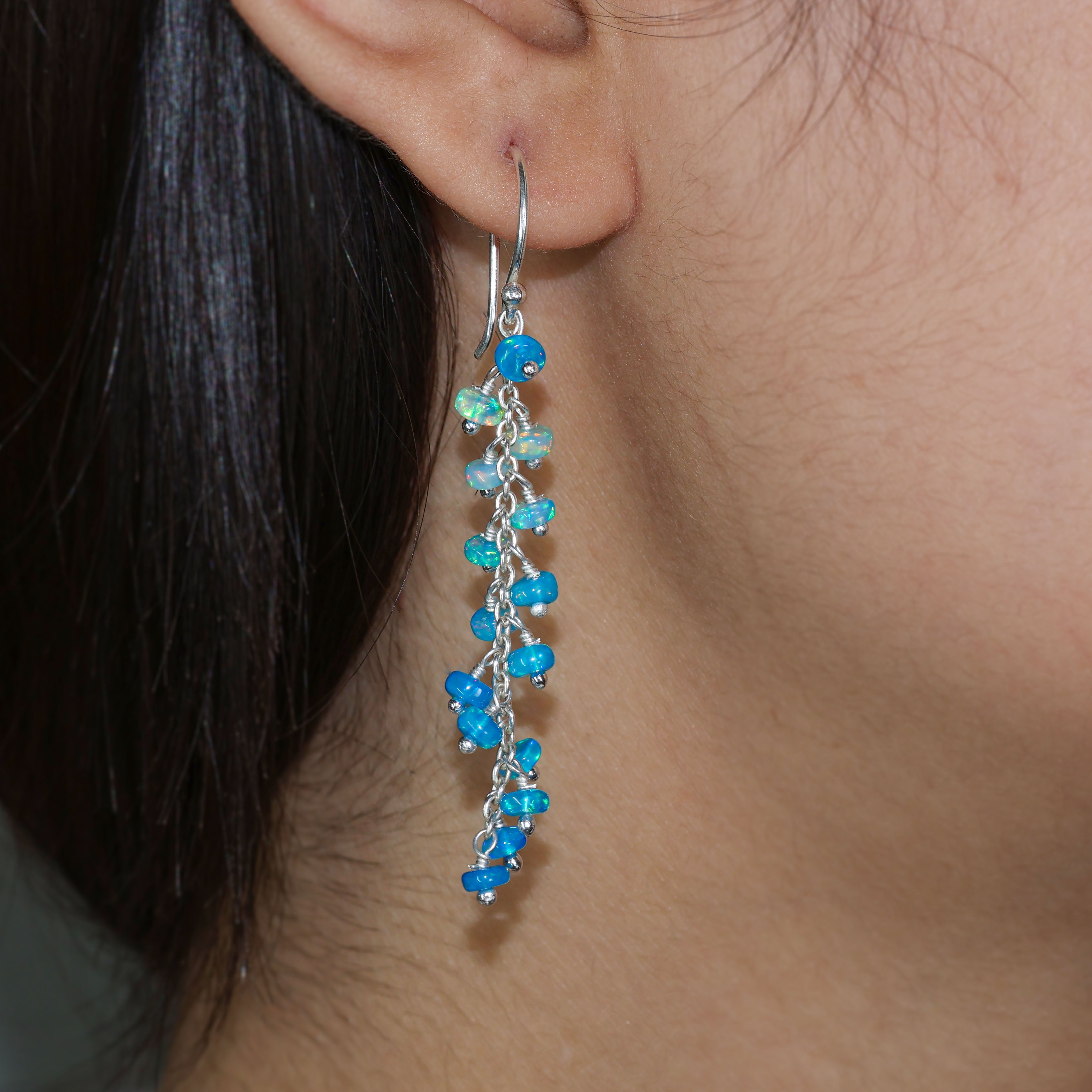 Natural Paraiba Opal Beaded Long Cluster Dangle Earrings for Women | Handmade Boho Chic Jewelry | Perfect for Weddings, Parties & Special Occasions