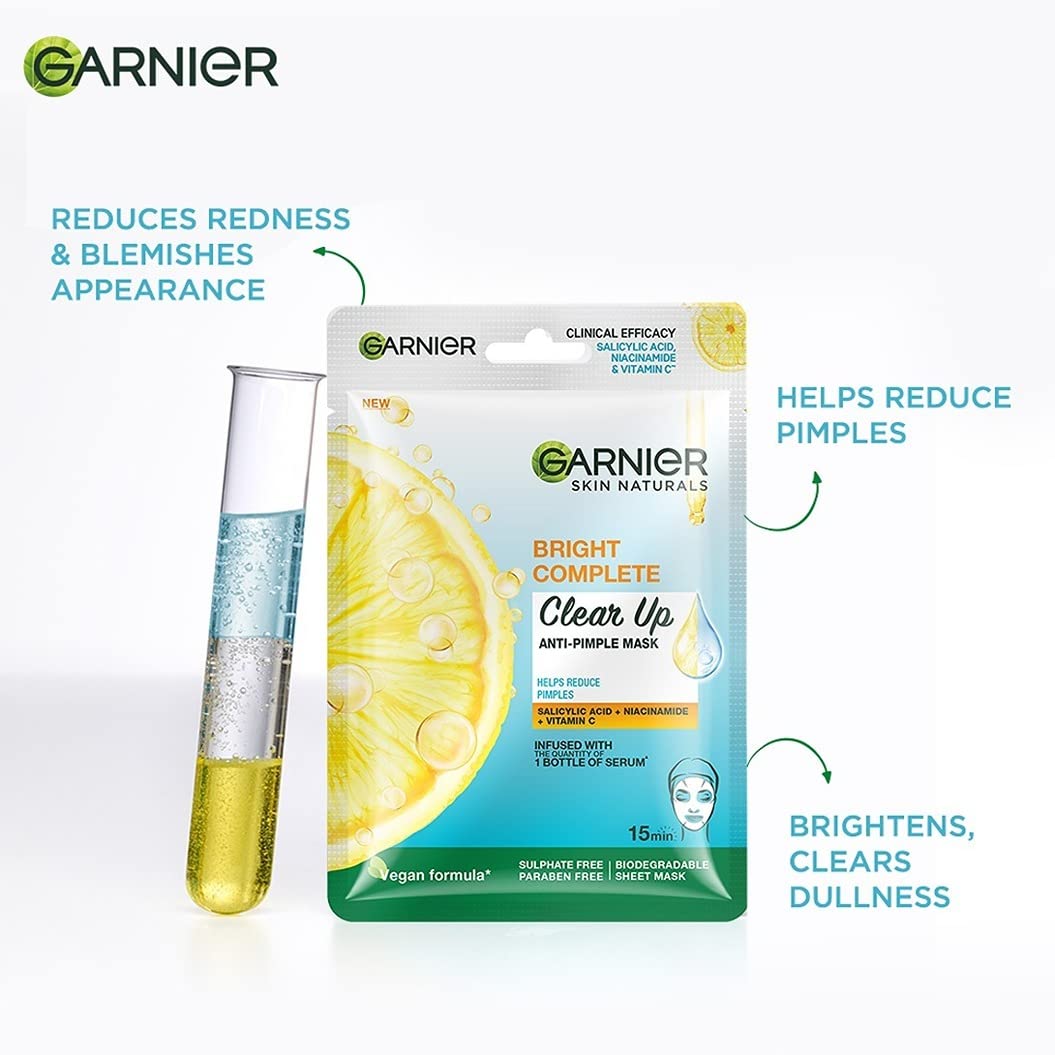 Garnier Bright Complete Anti-Pimple Sheet Mask with Salicylic Acid, Niacinamide & Vitamin C - Clear, Hydrated & Glowing Skin Treatment for All Skin Types | Perfect for Acne-Prone, Oily & Combination Skin Care Routine