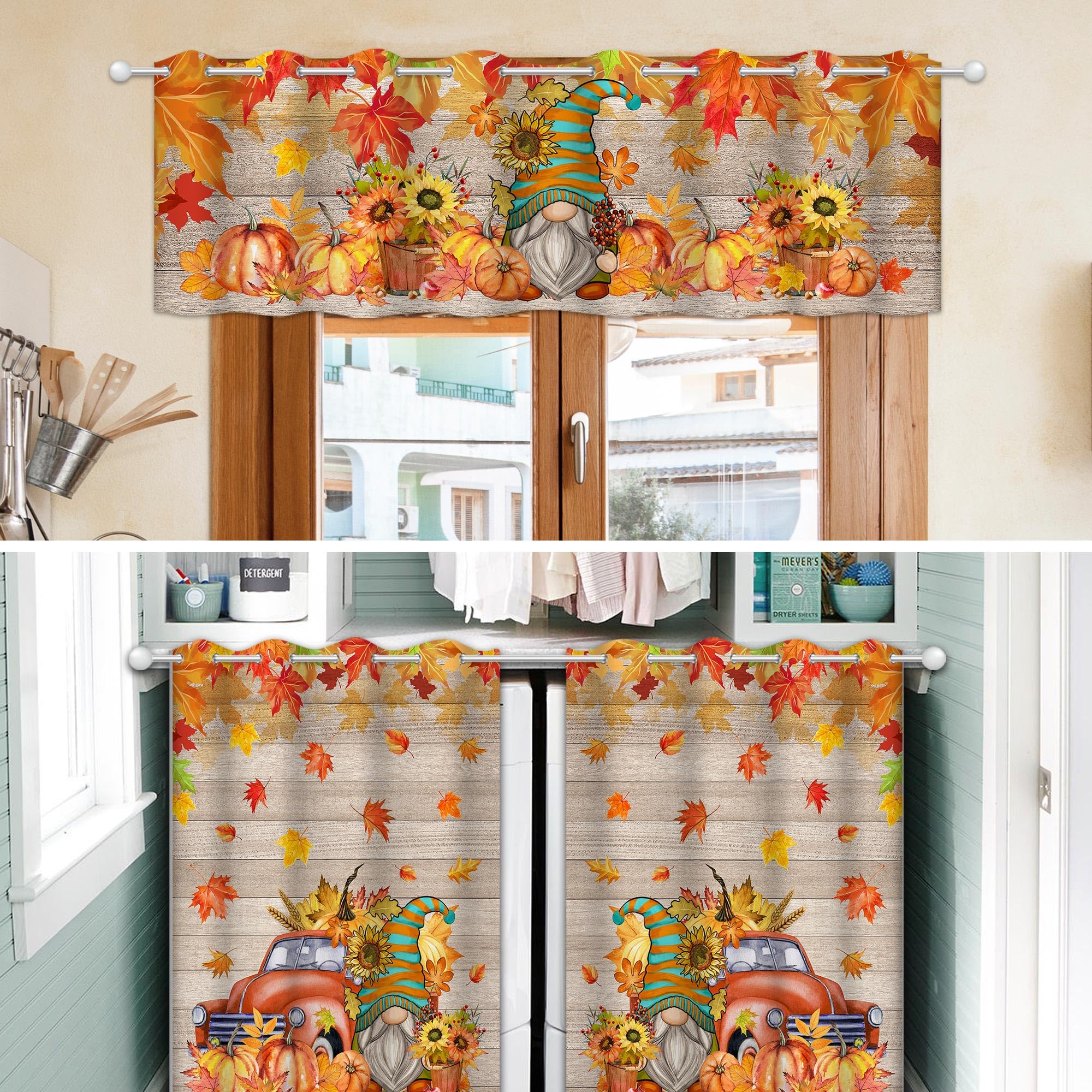 Fall Kitchen Curtains Set of 3 - Farmhouse Gnome, Truck & Pumpkin Harvest Window Curtains 36 Inch Length - Thanksgiving Home Decor for Cozy Autumn Kitchen