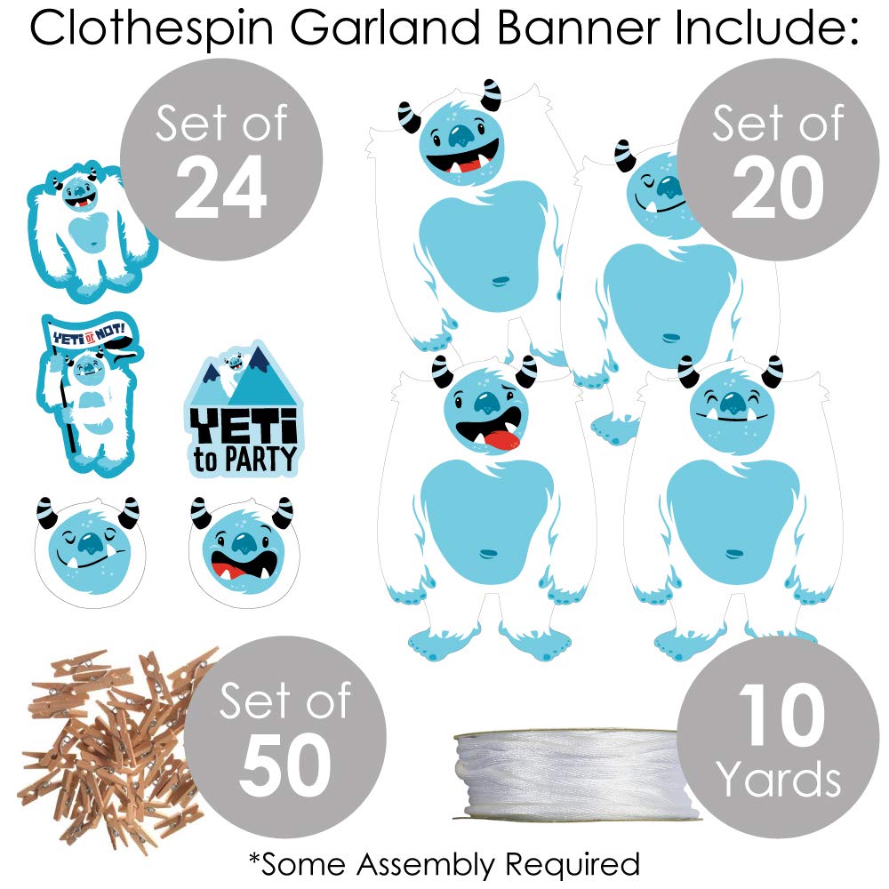 Big Dot of Happiness Yeti to Party - Abominable Snowman Birthday Party DIY Decorations - 44-Piece Clothespin Garland Banner for Kids' Birthday, Winter Themed Events & Holiday Decorations
