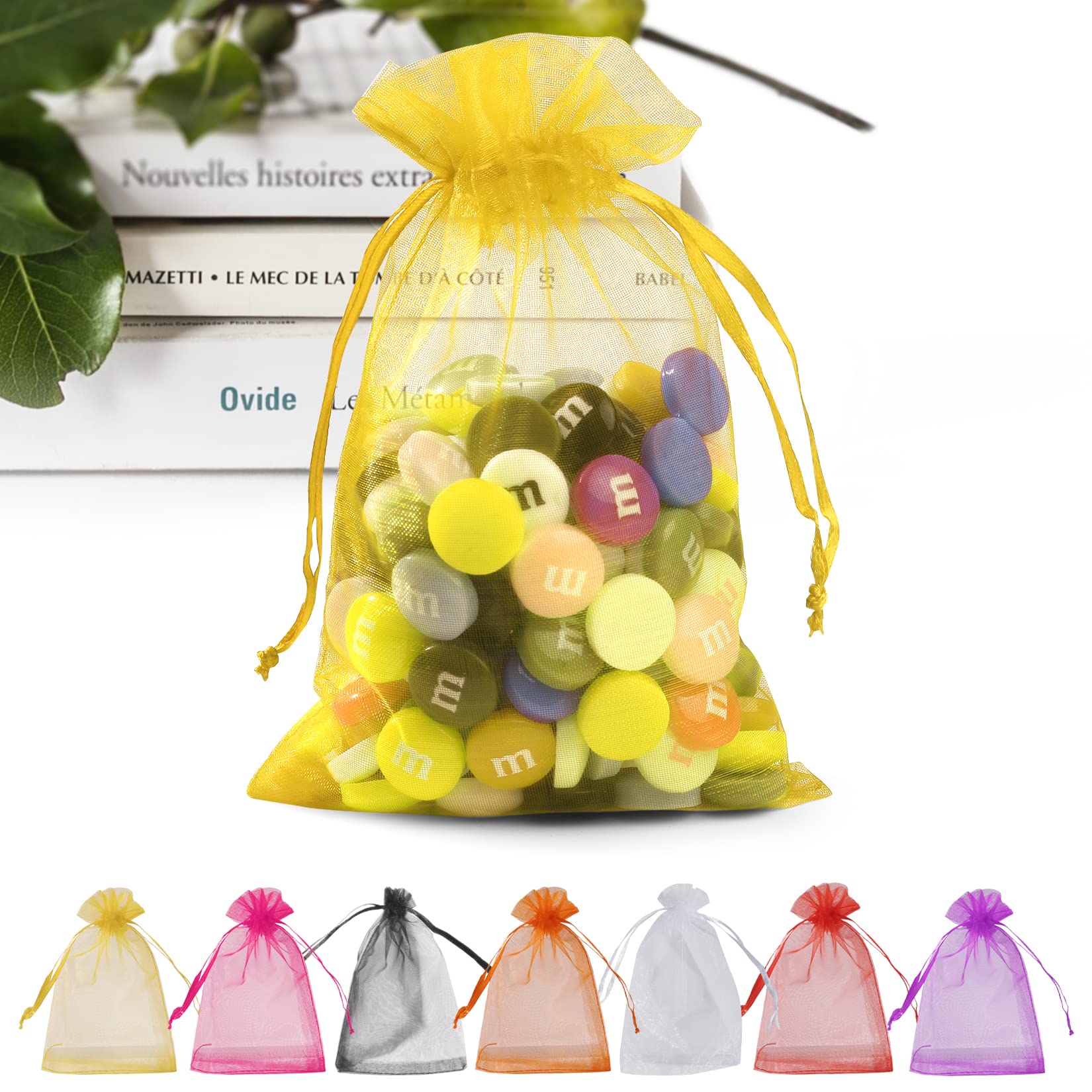 Premium 100-Pack 5x7 Inch Gold Organza Gift Bags with Drawstring - Sheer Mesh Favor Bags for Wedding, Party Favors, Jewelry Packaging & DIY Crafts