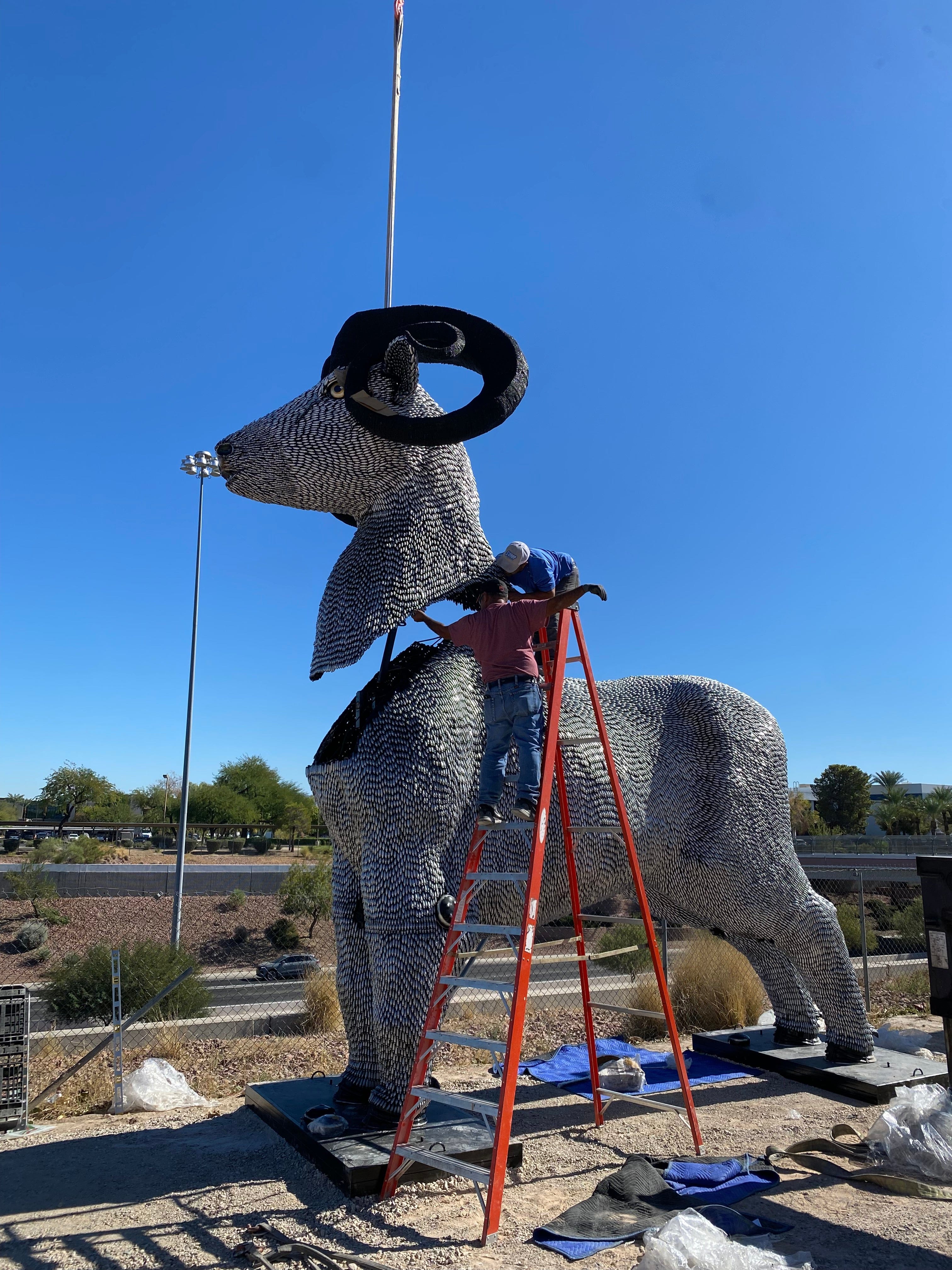 15ft CO2 Canisters and Spark Plugs (80,000+ Units) - Big Horn Sheep Recycled Metal Sculpture for Home & Office Decor, Outdoor Garden Art, Unique Gifts for Wildlife Lovers