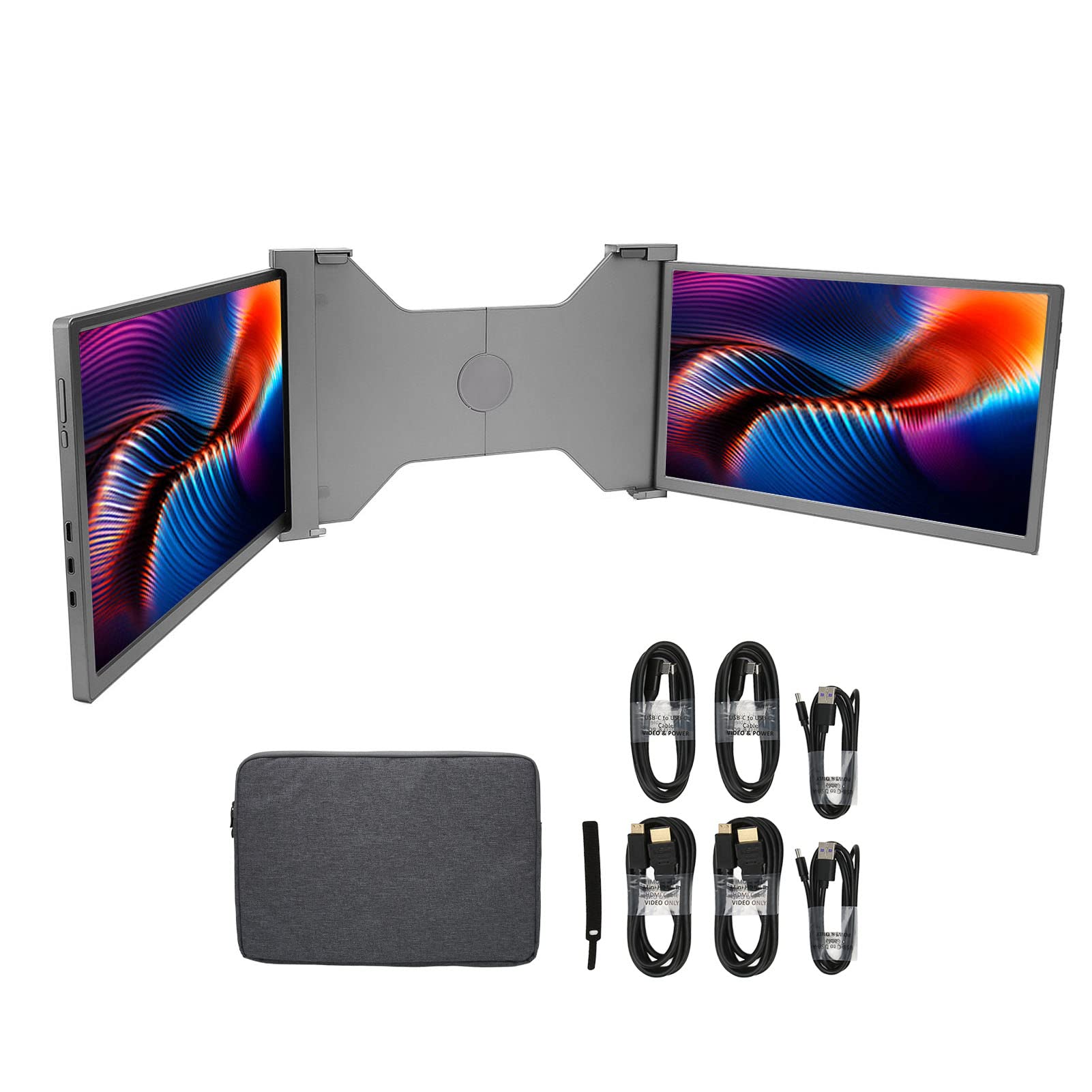 Zunate Triple Screen Laptop Monitor - 14 Inch Portable External Monitor with 1080P FHD IPS Display | HDMI/USB-A/Type-C Plug & Play | Compatible with 15-17.3 Inch Laptops (Silver) | Perfect for Multitasking, Gaming & Business Presentations