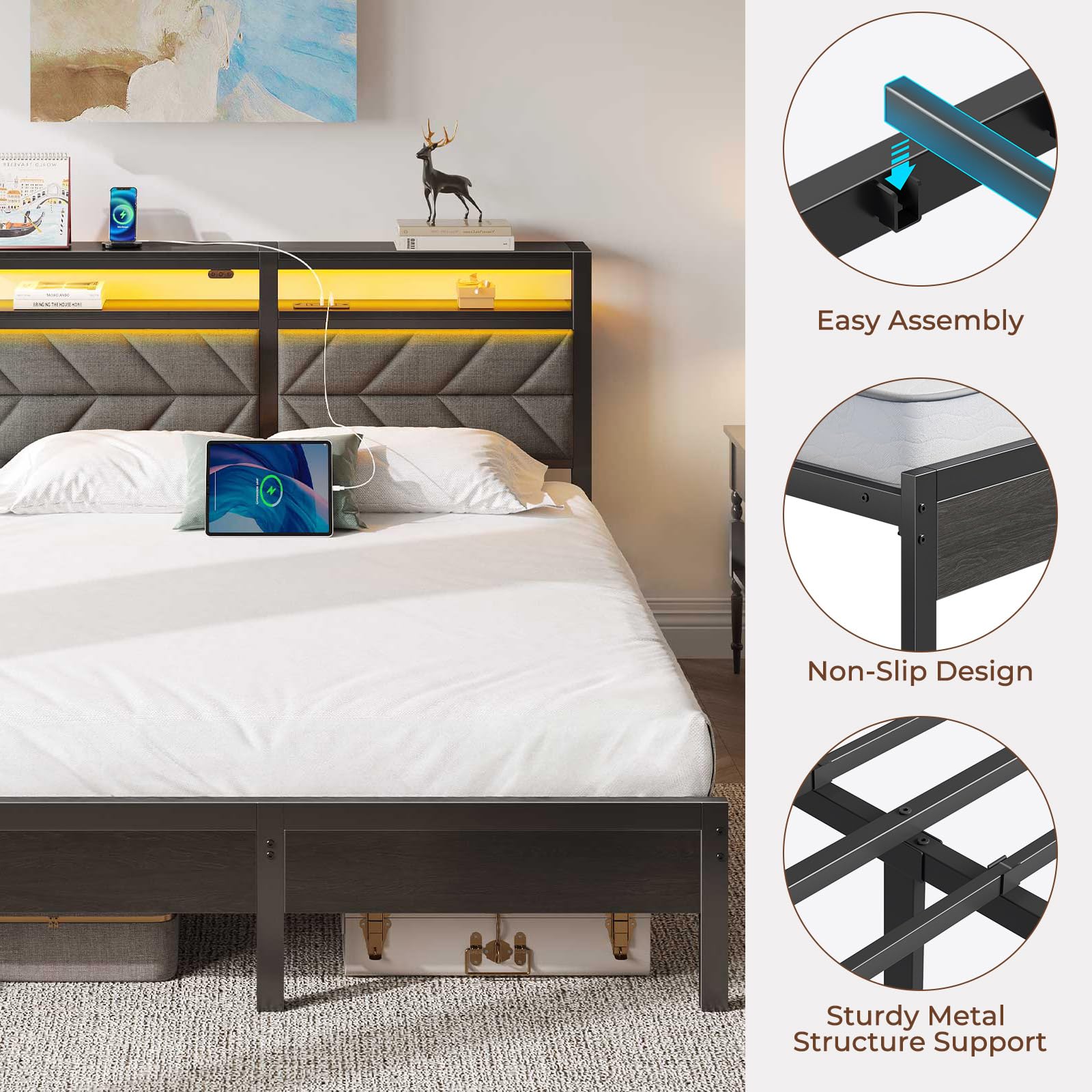 Full Size LED Upholstered Storage Bed Frame with USB Charging Station & Under Bed Storage - Metal Platform Bed, No Box Spring Needed, Noise Free, Easy Assembly, Grey - Perfect for Small Bedrooms, Dorms & Apartments