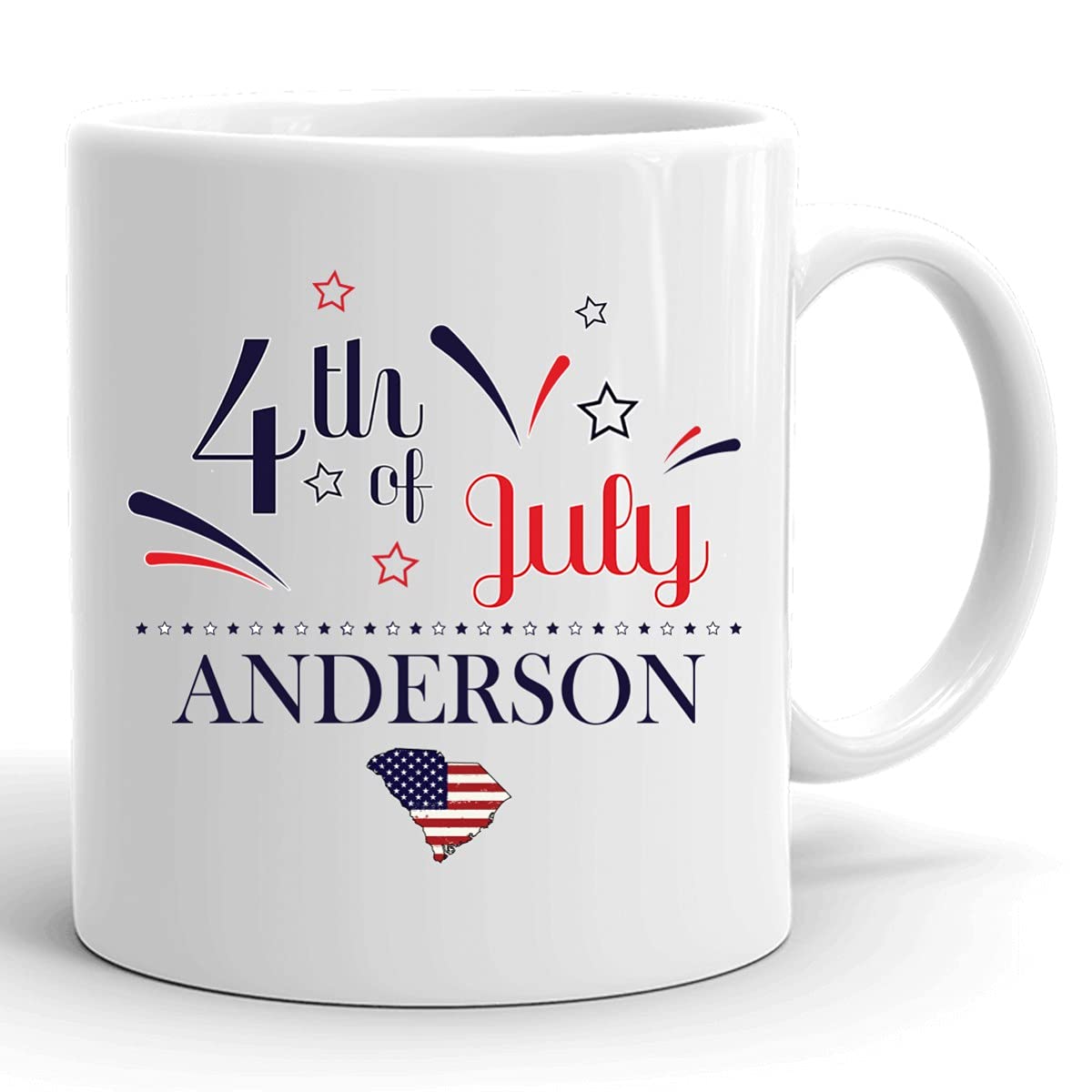 Custom 11oz Personalized Coffee Mug with USA Flag - Happy 4th of July Gift for Anderson South Carolina - White Ceramic Cup for Home, Office & Holiday Celebrations