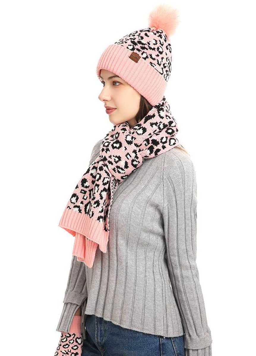 Men's & Women's Winter Leopard Print Beanie Hat, Scarf & Touchscreen Gloves Set - Fleece Lined Knit Skull Cap with Pompom - Perfect for Snow Sports, Skiing & Cold Weather Fashion