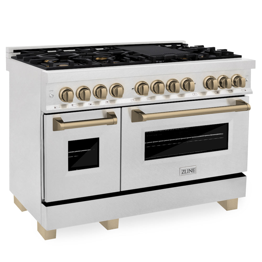ZLINE Autograph Edition 48-inch 6.0 cu. ft. Dual Fuel Range with 7-Burner Gas Cooktop & 2 Electric Ovens - Satin Stainless Steel with Champagne Bronze Accents (RASZ SN 48 CB) | Professional Kitchen Appliance for Home Chefs & Cooking Enthusiasts
