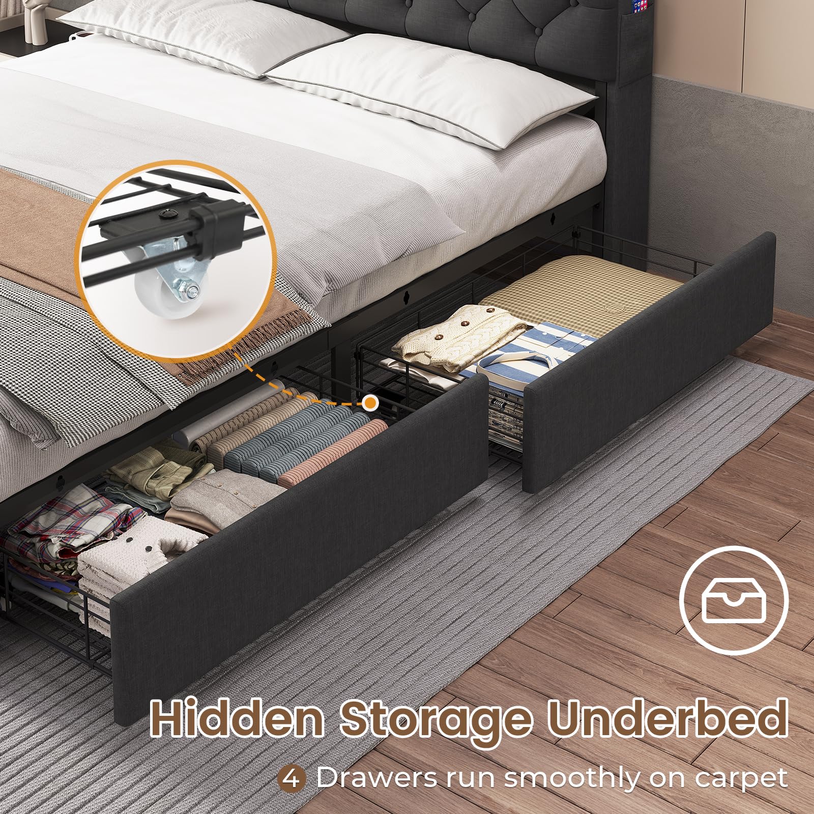 Queen Size Upholstered Platform Bed Frame with Hidden Storage Headboard, 4 Drawers, LED Lights & USB Charging Station - No Box Spring Needed, Noise-Free, Dark Grey - Perfect for Small Bedrooms, Guest Rooms & Modern Apartments