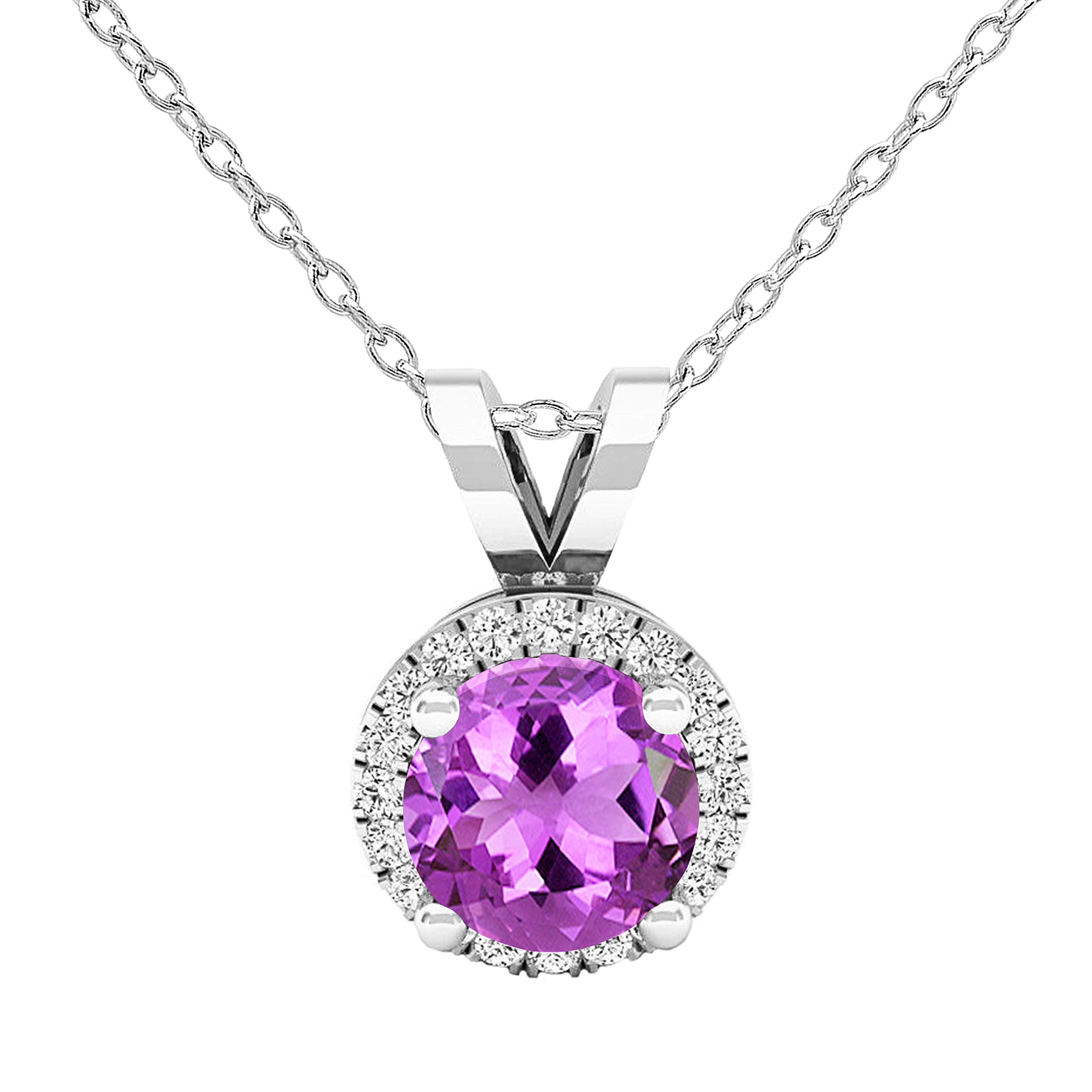 6mm Round Amethyst & White Diamond Halo Pendant Necklace for Women - 10K Solid White Gold with Silver Chain | Elegant Jewelry Gift for Anniversary, Birthday & Special Occasions