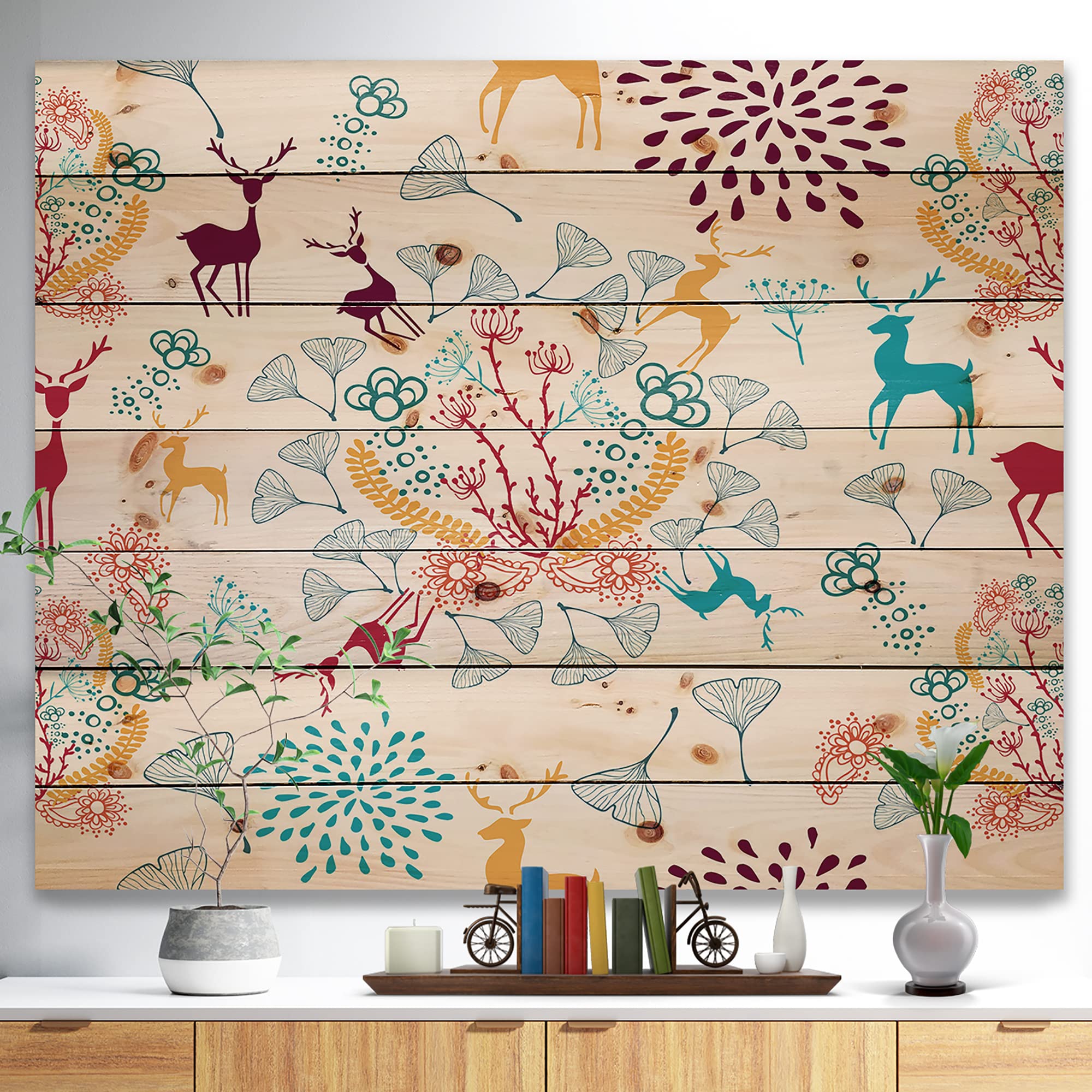 DesignQ Yellow Blue Brown Reindeer Christmas Pattern Traditional Wood Wall Decor - Blue Wood Wall Art - Large Animals Wood Panels Printed on Natural Pine - Holiday Home Decoration for Living Room, Bedroom & Office