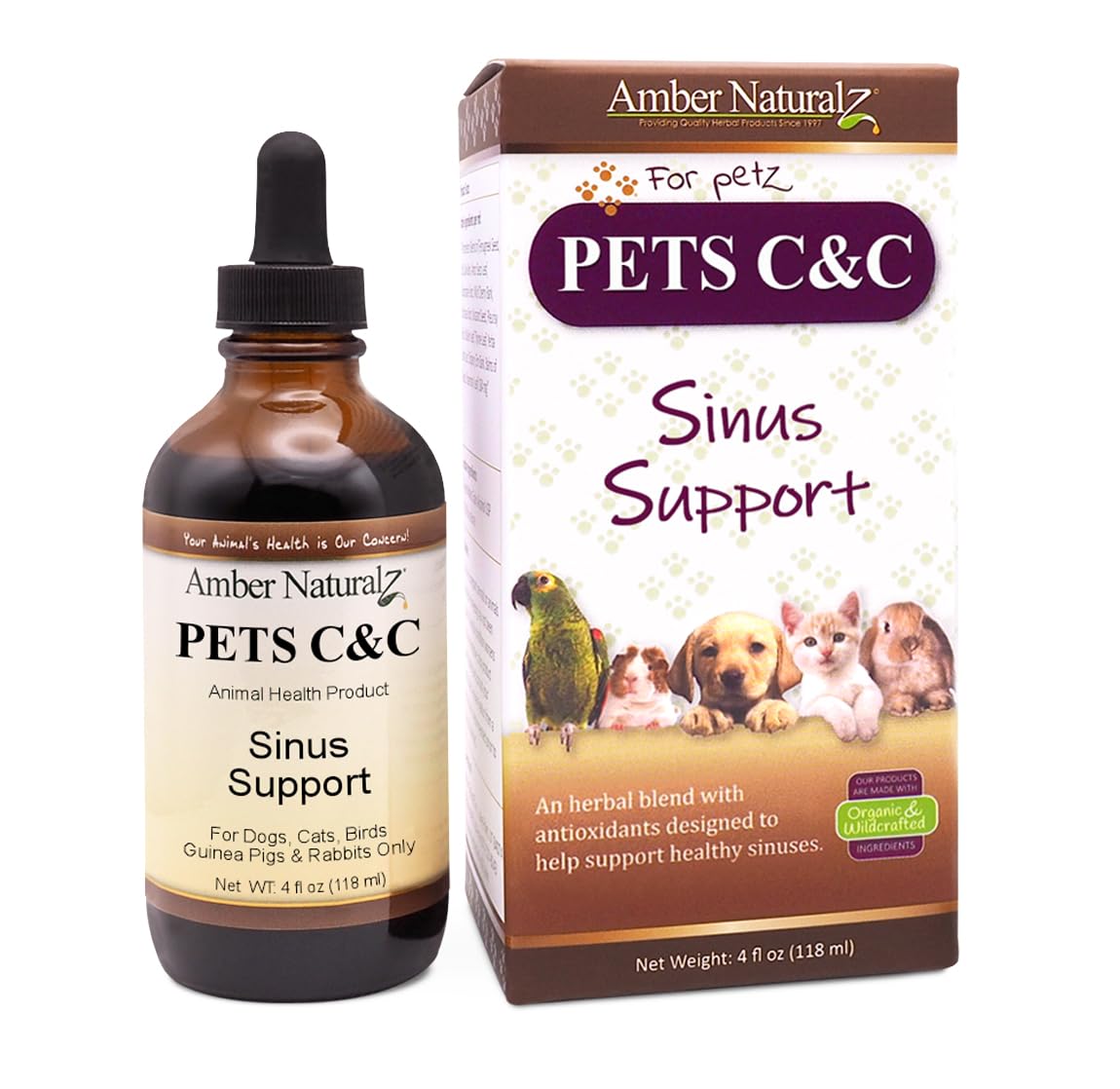 Amber NaturalZ Pet C&C Herbal Supplement for Dogs, Cats, Birds, Guinea Pigs & Rabbits | Natural Sinus Support for Pets | 4oz USA-Made Glass Bottle | Supports Respiratory Health for Allergies & Seasonal Discomfort