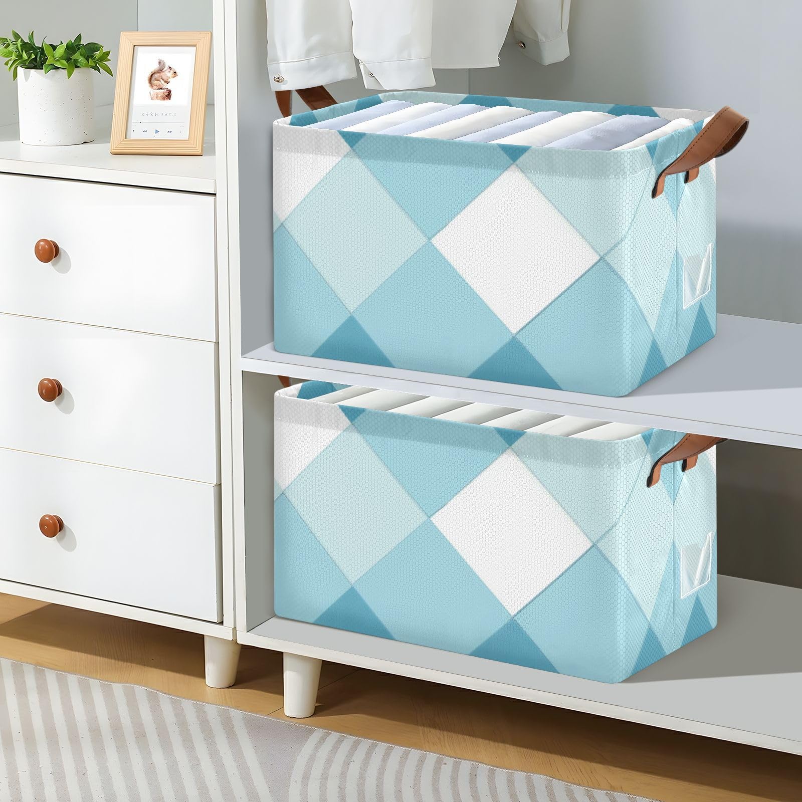 Blue and White Checkered Storage Baskets with Handles - 2 Pack Durable Fabric Organizer Bins for Clothes, Toys, and Home Organization - Perfect for Bedroom, Closet, and Nursery Storage Solutions