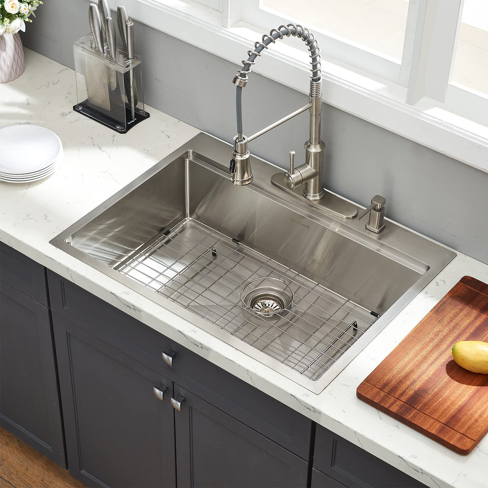 33 x 22 Inch Drop-in Stainless Steel Kitchen Sink - 16 Gauge Single Bowl Workstation with Cutting Board | Perfect for Food Prep, Dishwashing & Small Space Kitchens