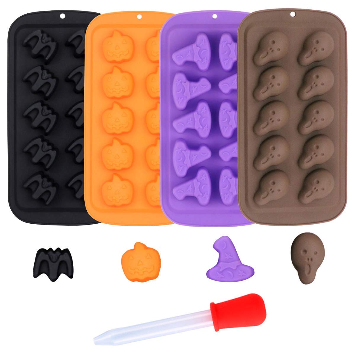 4Pcs Halloween Silicone Chocolate Candy Molds Set - Bat, Pumpkin, Witch Hat, Ghost, Skull Shapes for Jello, Fat Bombs, Soap, Wax, Crayons - Perfect for Halloween Party Favors, DIY Treats & Baking Decorations
