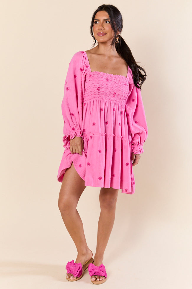 Pink Smocked Flower Mini Dress for Women - Floral Summer Party Dress for Weddings, Dates & Special Occasions