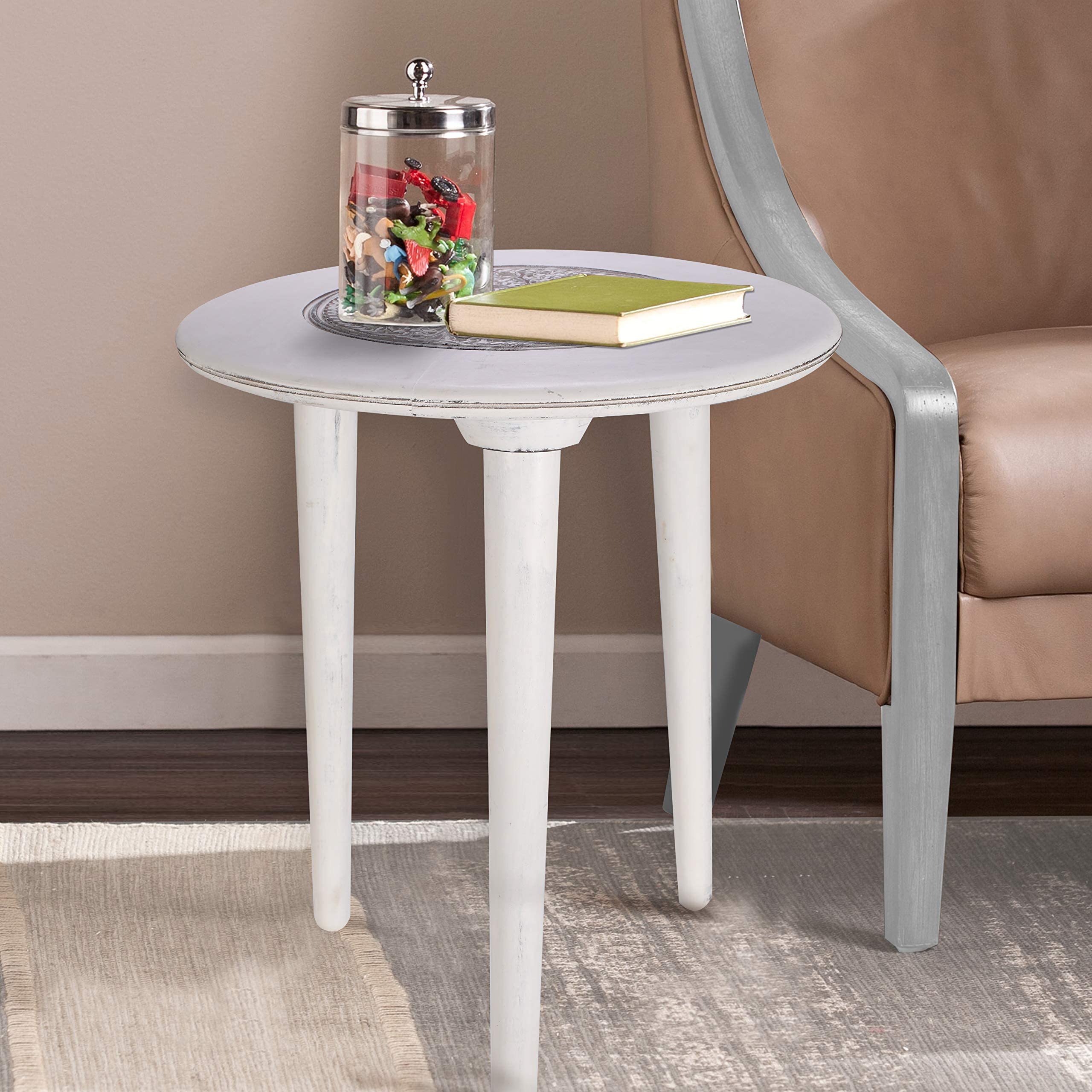 Antique White Round Wooden Coffee Table with 3 Legs - 18x22 Inch Modern Side Table for Living Room, Entryway - Perfect for Magazines, Books & Plants | Durable Wood Pillar Design for Home Decor & Small Spaces