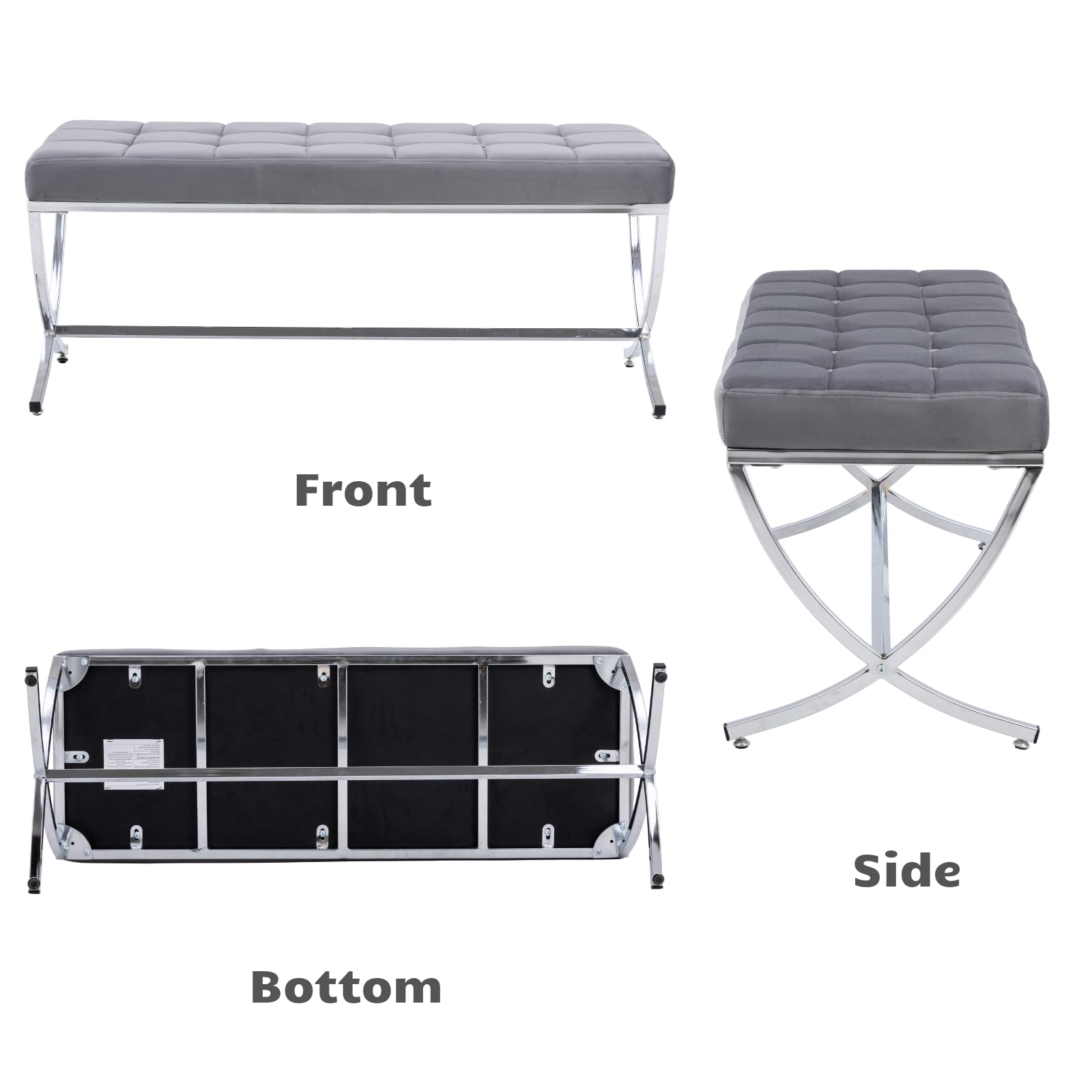 Modern Velvet Upholstered Dining Bench with Button Tufted Design & Sturdy Metal Legs - Grey Ottoman Footstool for Kitchen Table, Living Room Seating & Entryway Decor