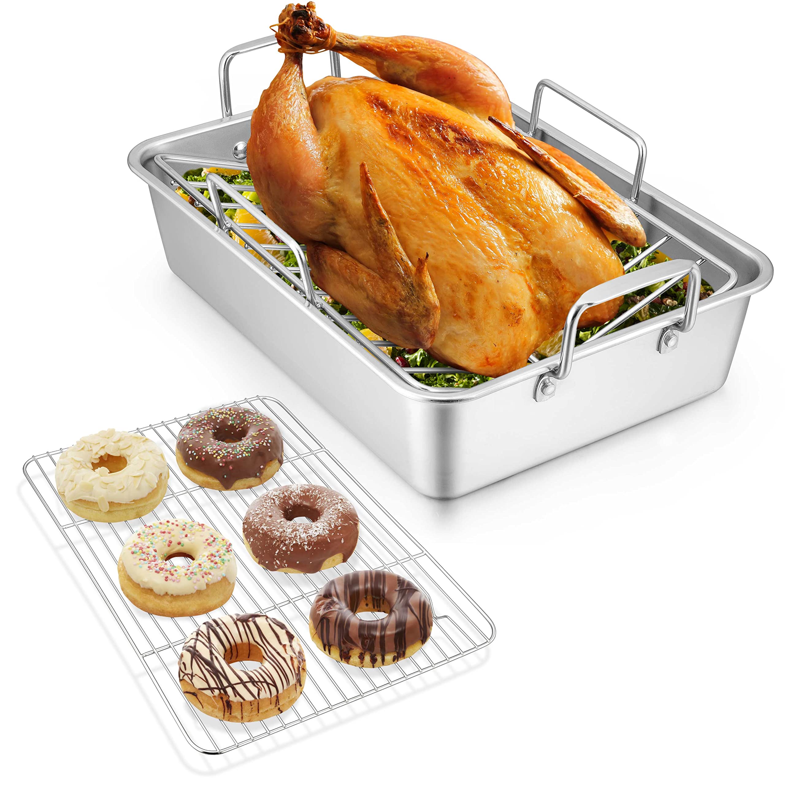 14 x 10.6 Inch Stainless Steel Roasting Pan with V-Shaped Rack & Flat Cooling Rack - Oven Safe Turkey Roaster for Thanksgiving, Christmas Dinner & Holiday Cooking - Dishwasher Safe & Durable for Easy Cleanup