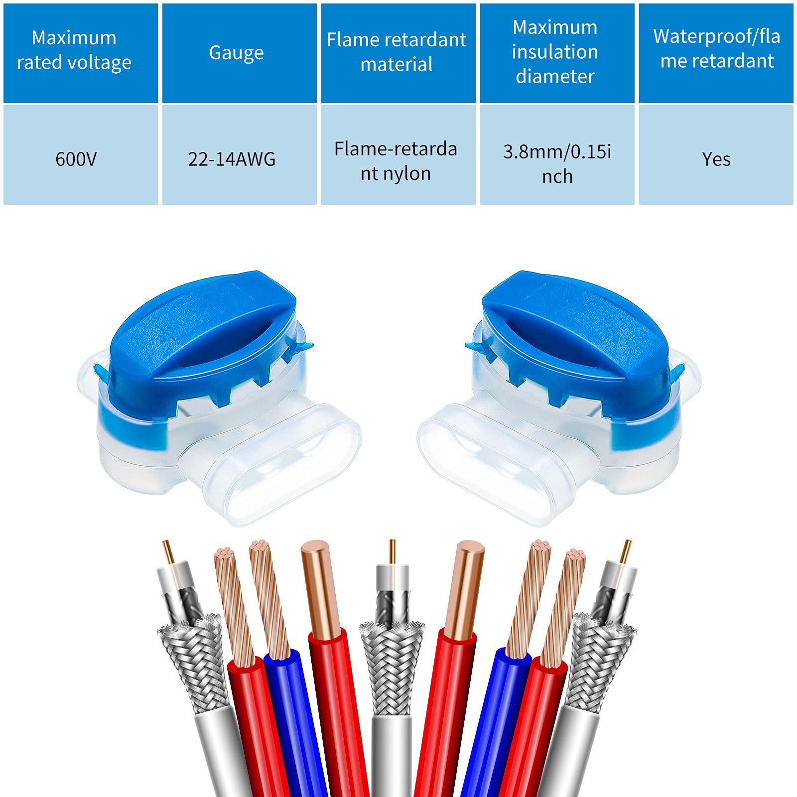TOODOO 60-Pack 3-Way Wire Connectors - Self-Stripping Electrical IDC 314-Box Pigtail Connectors for 22-14 AWG Cables - Ideal for Robotic Lawn Mowers, Irrigation Systems & DIY Electrical Projects