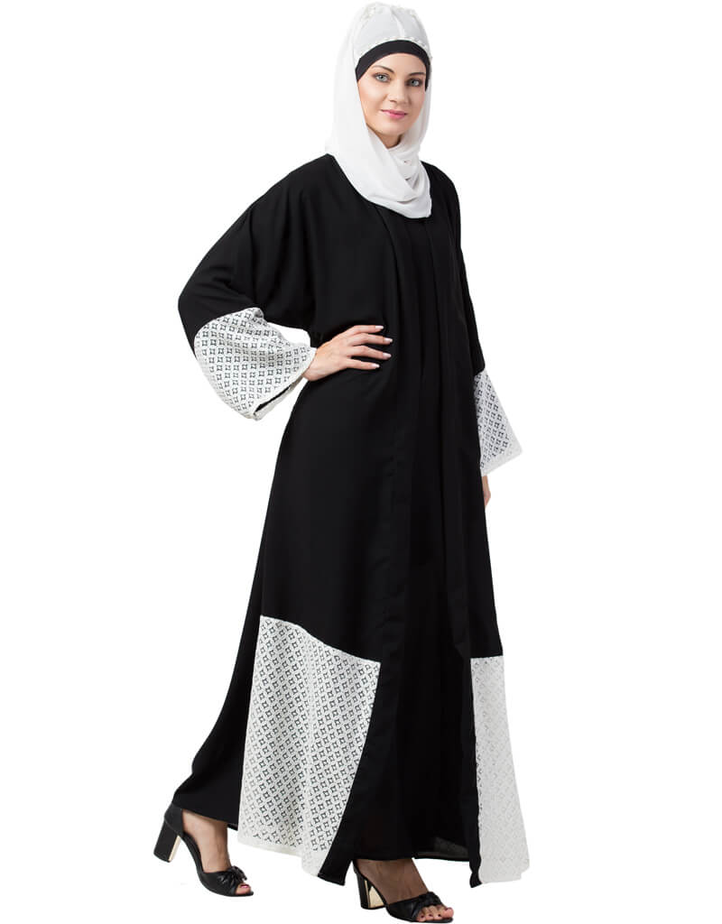 Elegant Black Arabic Abaya with Embroidered Bottom & Sleeves + Front Jacket - Modest Islamic Dress for Prayer & Special Occasions