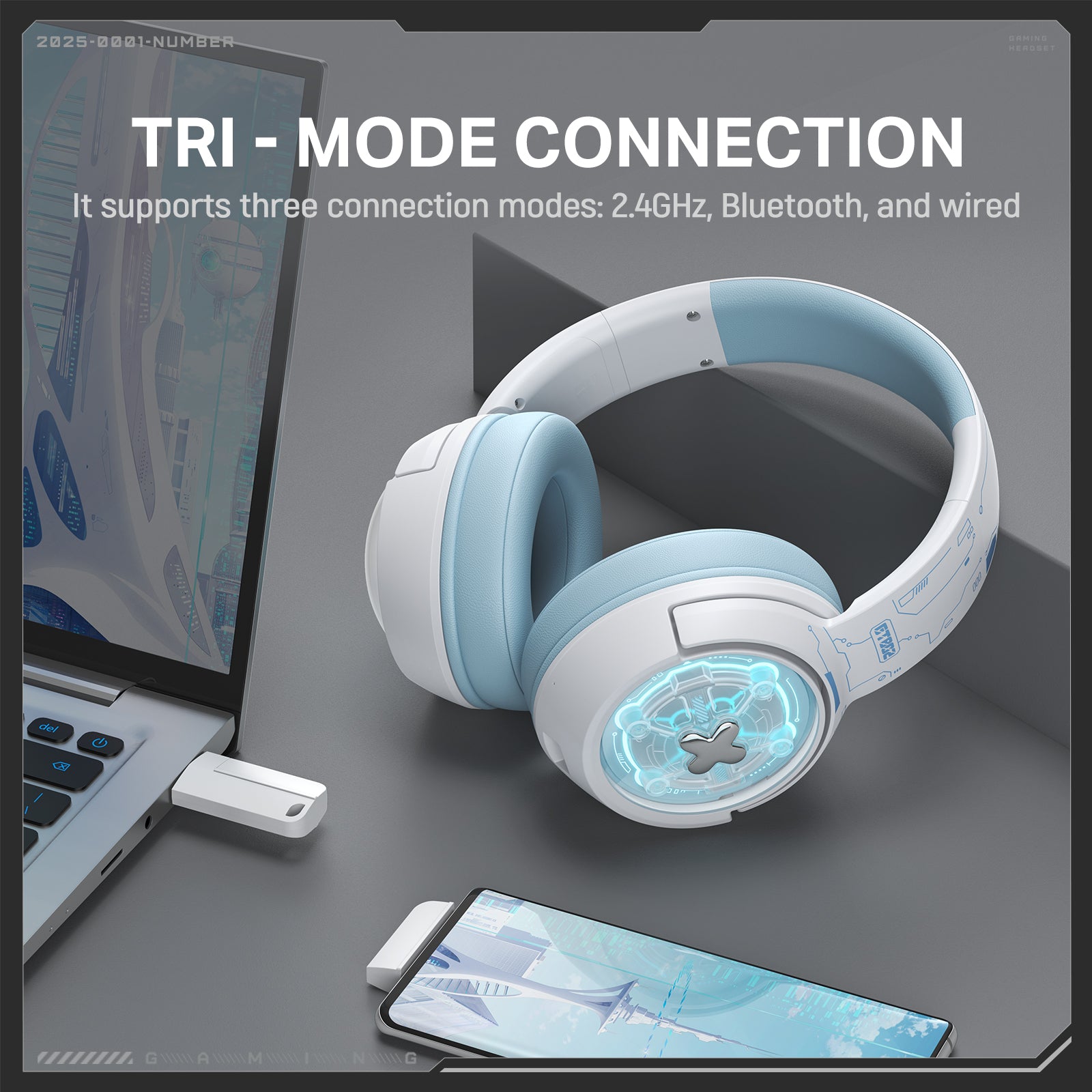 ONIKUMA GT802 Wireless Gaming Headset with Tri-Mode Connectivity (2.4GHz/Bluetooth/Wired), RGB Lighting, 1000mAh Battery - Perfect for PC, PS5, Xbox & Mobile Gaming