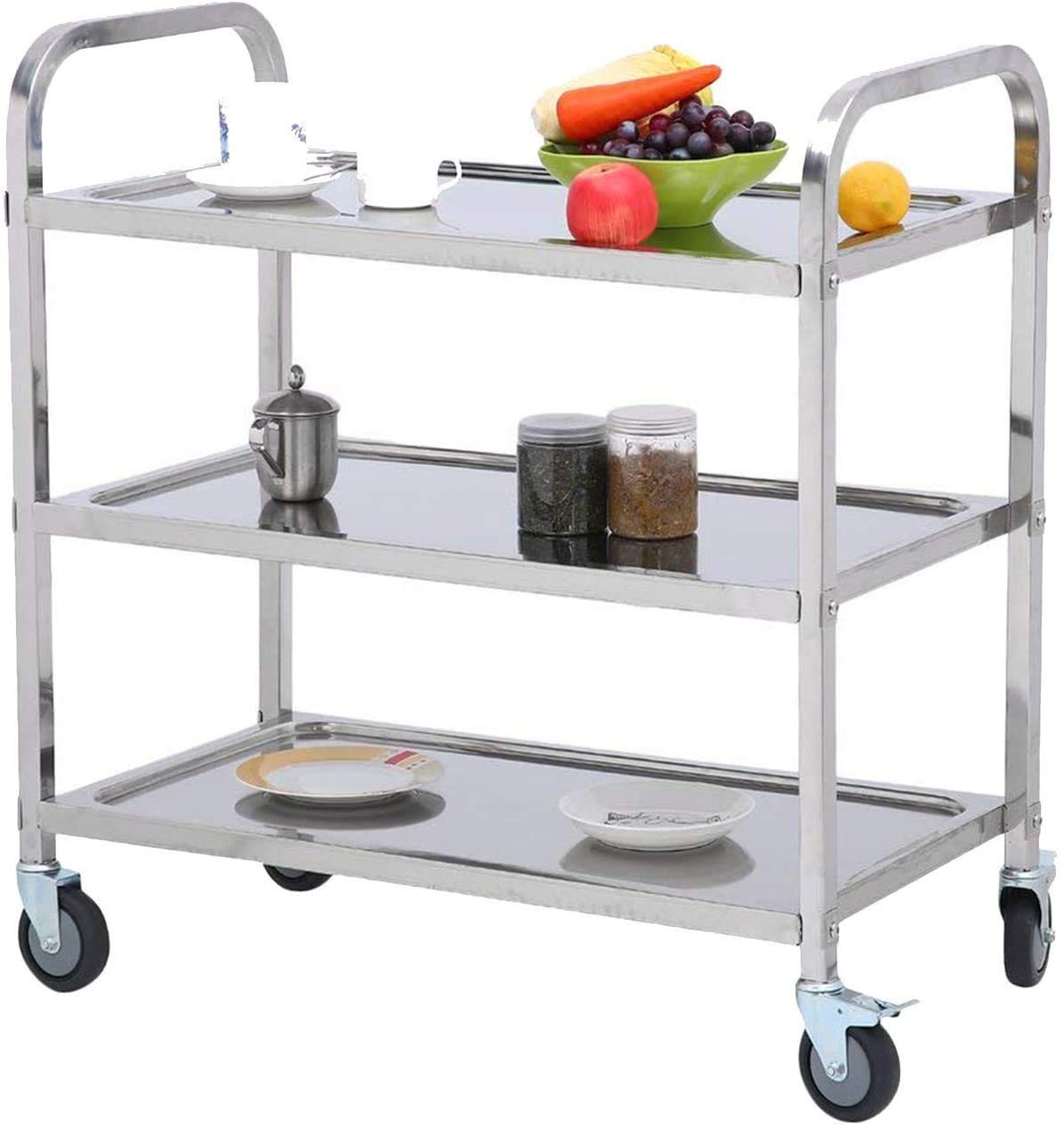 3-Tier Stainless Steel Utility Cart with 360° Swivel Wheels - Heavy Duty Industrial Serving Cart for Kitchen, Restaurant & Home Use - Perfect for Food Service, Hotel Storage & Mobile Workstation