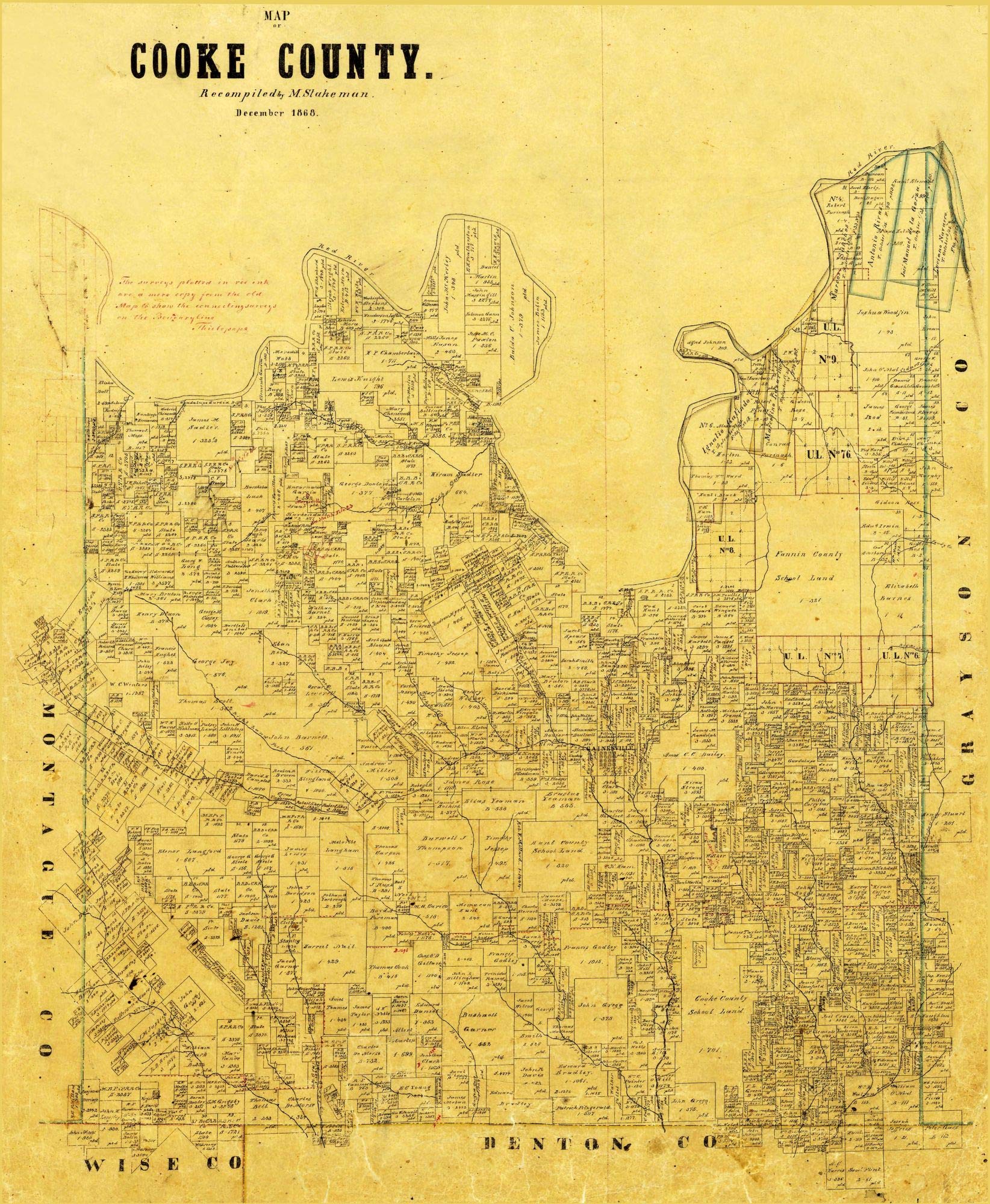 Vintage 1868 Cooke County Texas General Land Office Map - 23.00 x 27.98 Matte Canvas Wall Art - Historical Home & Office Decor for Texas History Enthusiasts