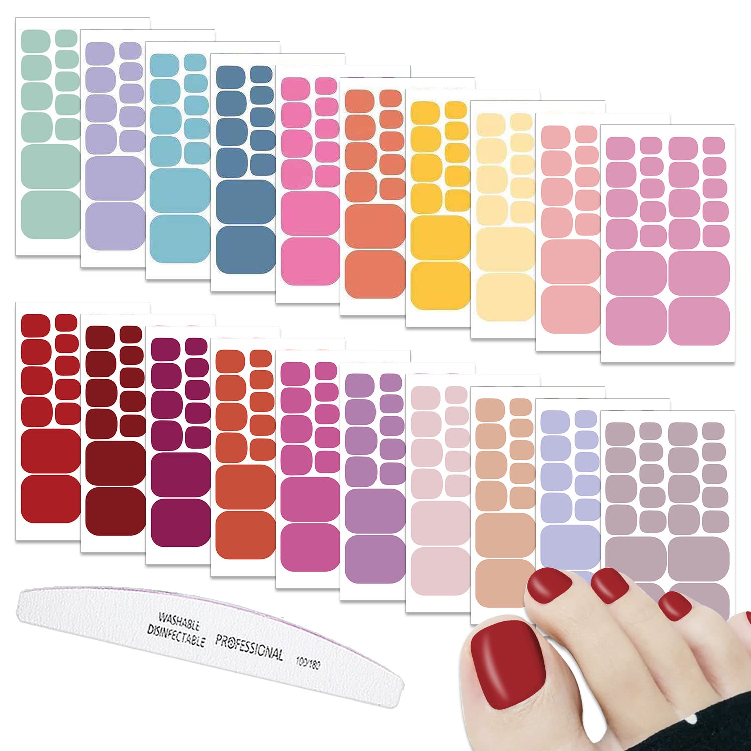 WOKOTO 20 Sheets 440 Pcs Solid Color Toe Nail Stickers - Full Cover Self-Adhesive Nail Wraps & Decals for Women & Girls - Includes Nail File - Perfect for DIY Manicures, Pedicures & Nail Art Designs