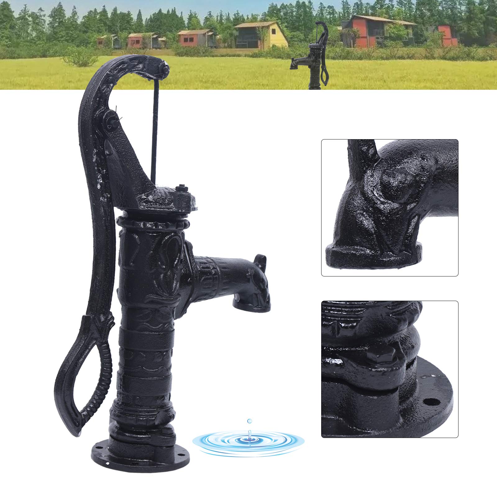 CNCEST Manual Hand Water Pump - Cast Iron Outdoor Well Pump for Yard, Pond & Garden - 26ft Max Pressure Head - Durable Suction Pitcher Pump (Black) - Ideal for Off-Grid Water Supply, Irrigation & Emergency Use