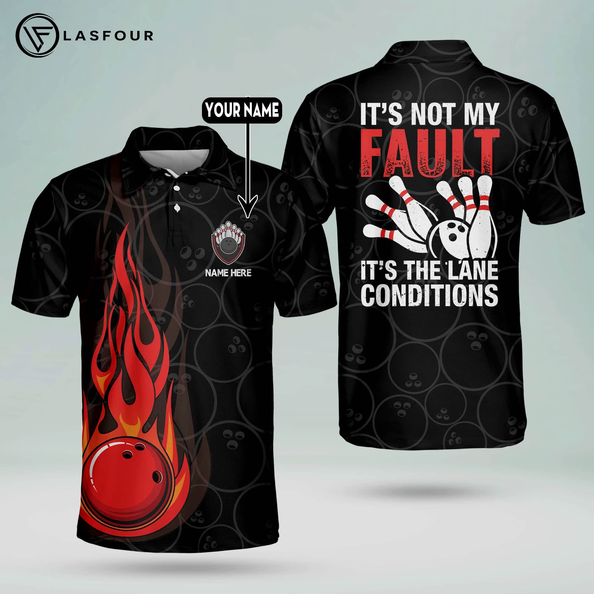 Funny Bowling Shirts for Men - 'It's Not My Fault It's The Lane Conditions' Flame Design Polo Shirts | Team USA Bowling Shirt | Short Sleeve Men's Polo for Gifts & Casual Wear | Perfect for Bowling Leagues, Parties & Retro Fashion