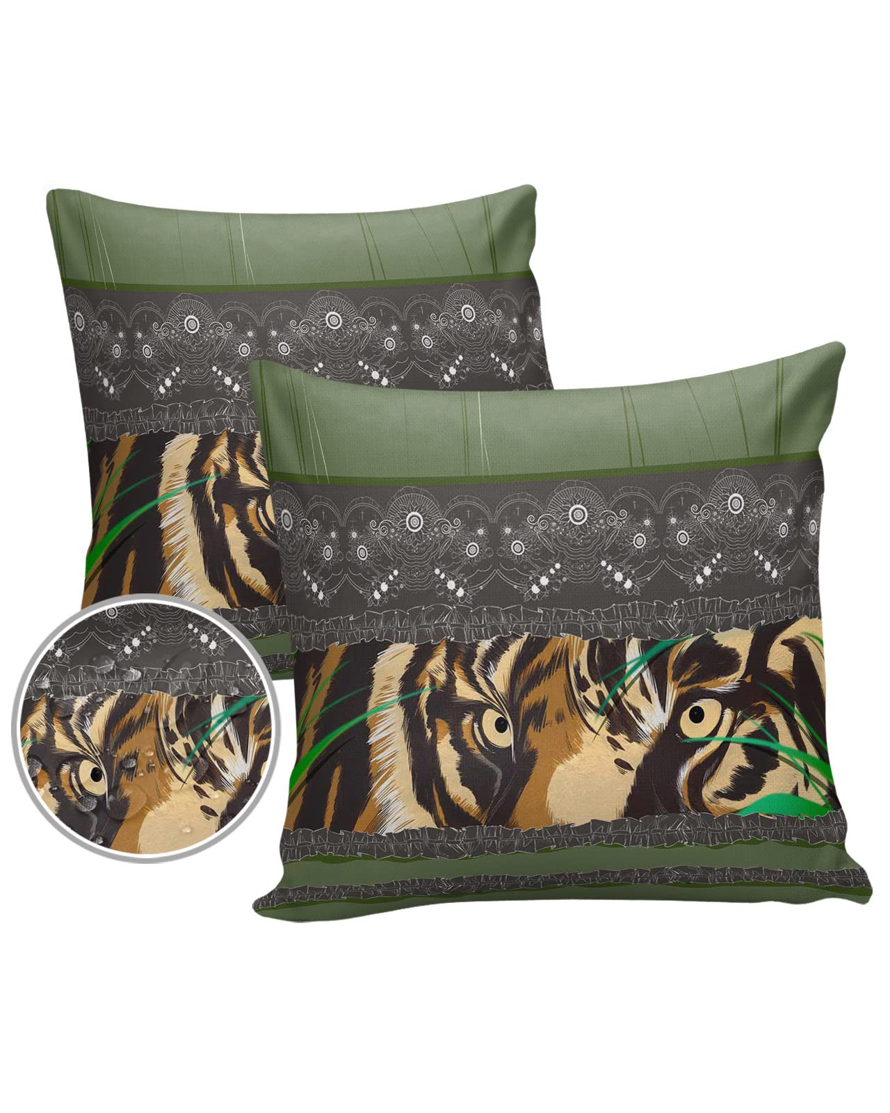 Fierce Tiger Waterproof Outdoor Pillow Covers 18x18 Inches - Set of 2 Boho Animal Print Decorative Square Cushion Covers, Modern Grey Geometric Design for Patio, Tent, Couch, Garden & Home Decor