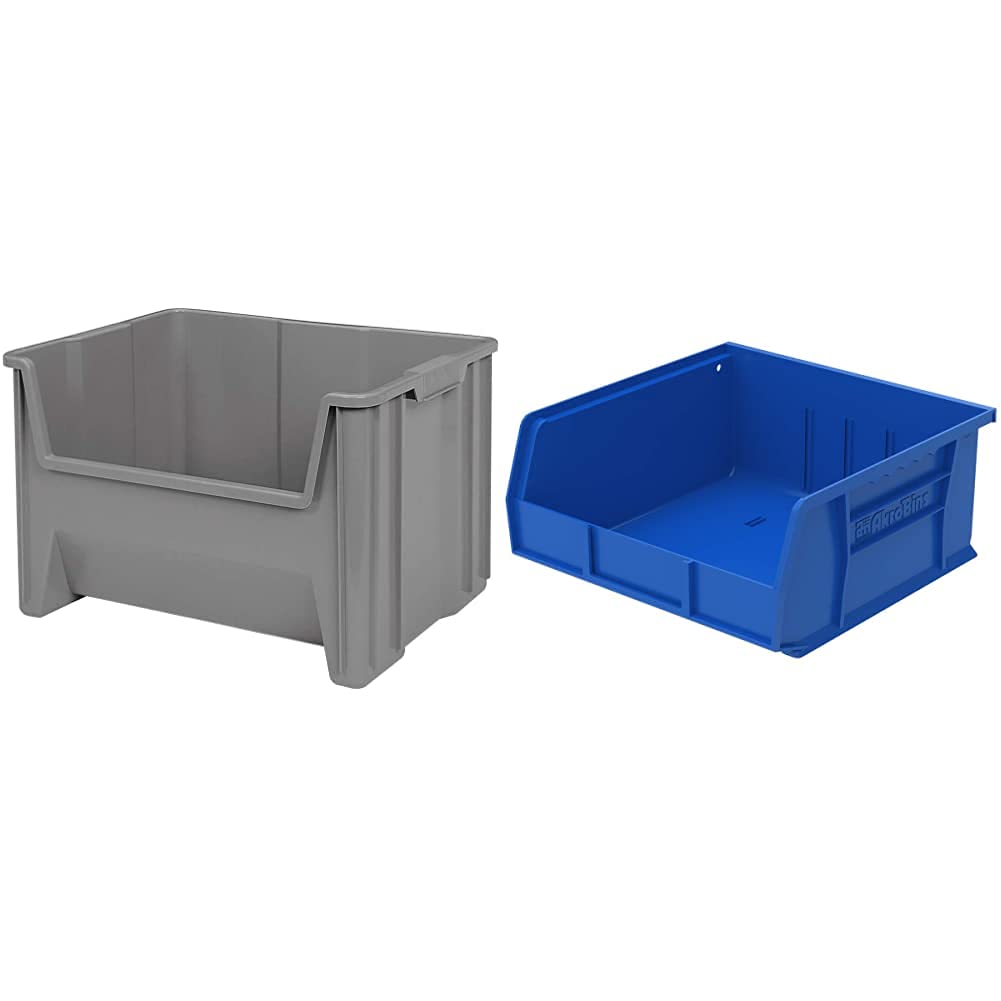Akro-Mils 13017 & 30235 Plastic Storage Bins Set - 3-Pack Gray (15x20x12.5 Inch) + 6-Pack Blue (11x11x5 Inch) Hanging Stackable Containers for Home Organization, Garage, Workshop & Office Storage Solutions