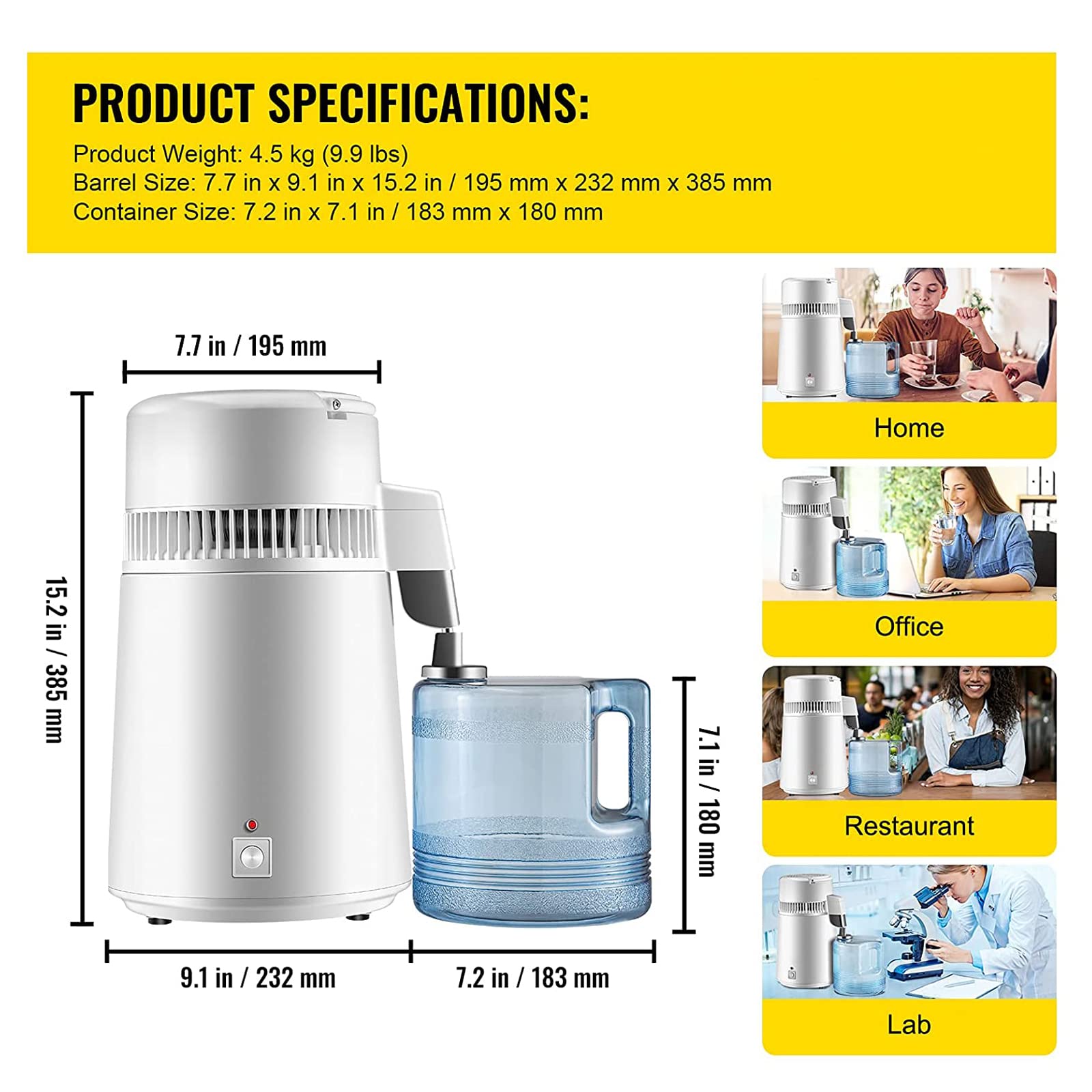 750W Pure Water Distiller 4L/1.05Gal - Stainless Steel Water Purification System with Collection Bottle - Perfect for Home, Lab, and Emergency Preparedness