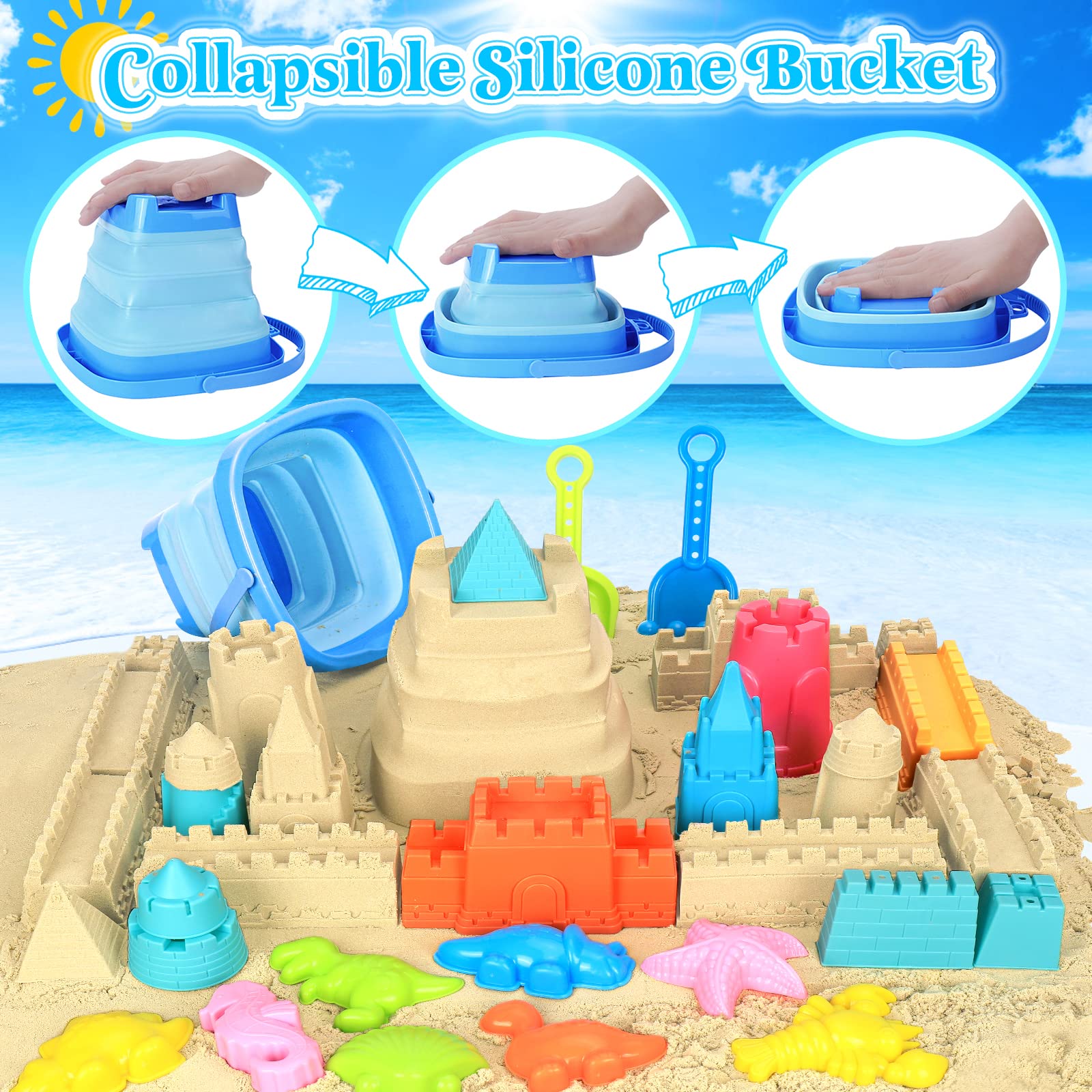 Collapsible Beach Toys for Kids & Toddlers - Sand Bucket & Shovel Set with Mesh Bag - Sand Castle Building Toys for Beach, Travel & Sandbox Play - Perfect for Ages 3-10 - Great for Beach Vacations, Backyard Sandpits & Summer Outdoor Activities