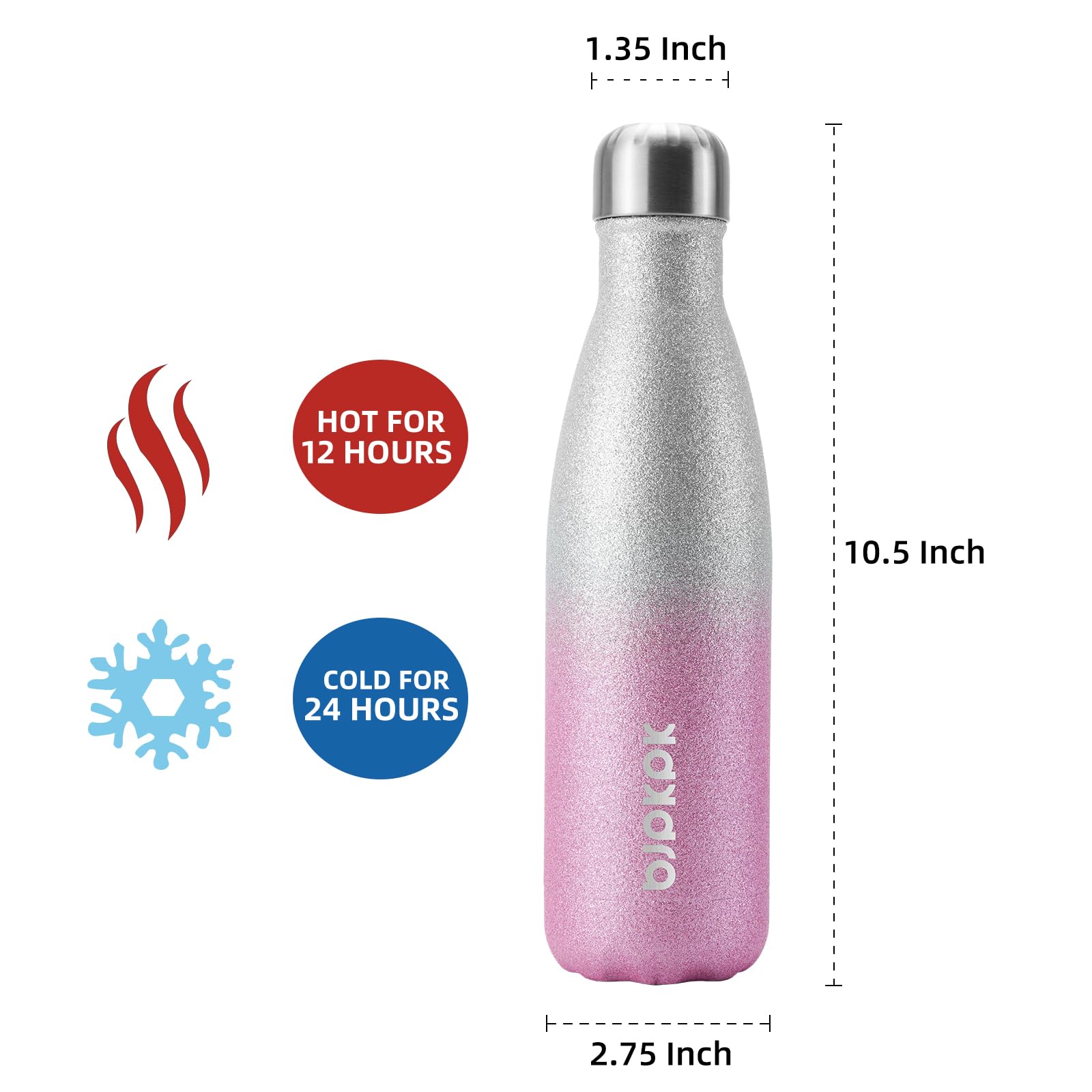 17oz Insulated Stainless Steel Water Bottle - Keeps Cold 24 Hours & Hot 12 Hours, BPA Free, Glitter Silver Pink - Perfect for Gym, Hiking, Travel & Outdoor Activities