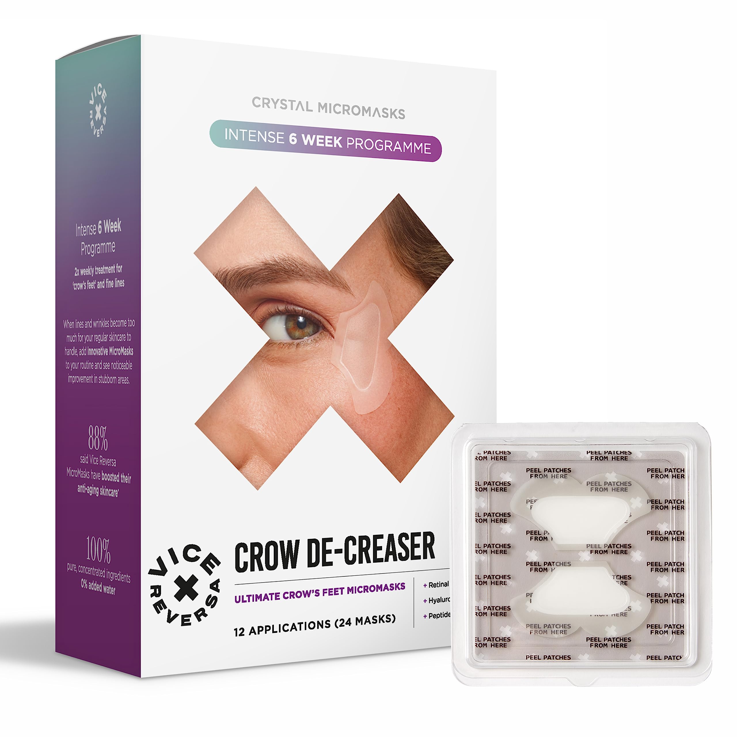 Vice Reversa Crow De-Creaser - Anti Wrinkle Patches with Hyaluronic Acid, Collagen Boosting Peptides & Retinol for Forehead & Eye Area, MicroCrystal Skincare Treatment (12 Pairs) - Reduce Fine Lines & Wrinkles Overnight for Youthful Glow