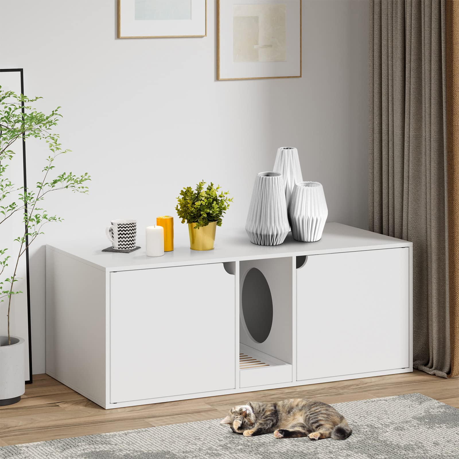 Modern Wooden Cat Litter Box Enclosure for 2 Cats - Stackable Large Cat Washroom Storage Cabinet with Removable Tray - Multi-Functional Bench & End Table Furniture (White) - Perfect for Living Rooms, Bedrooms & Small Spaces