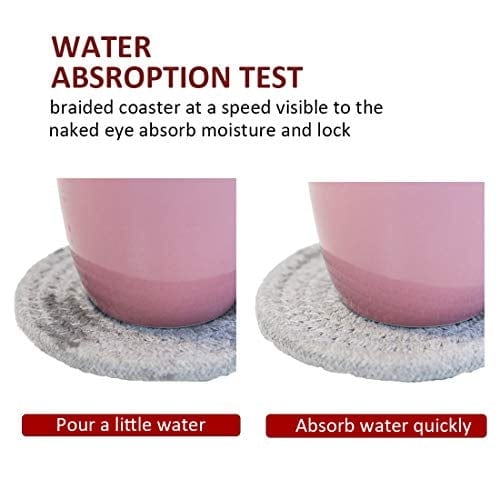 Handmade Braided Super Absorbent Drink Coasters - 6 Pack (4.3 Inch Round, 8mm Thick) Heat Resistant Coasters for Coffee, Wine & Beverages - Perfect Housewarming Gift for Kitchen, Dining & Office Use